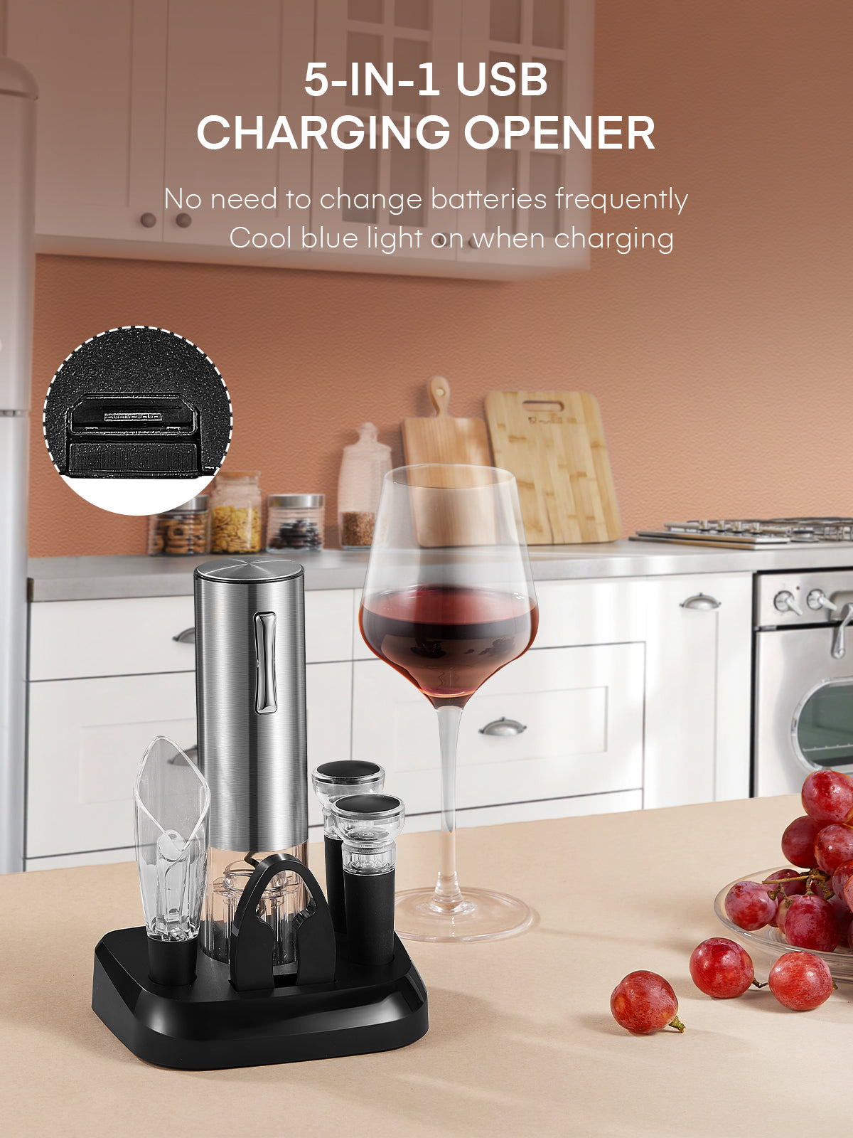 Electric Wine Opener, Cordless Automatic Electric Wine Bottle Opener with Charging Base, Vacuum Freshener with 2 Stoppers, Foil Cutter,Wine Pourer,Adaptor