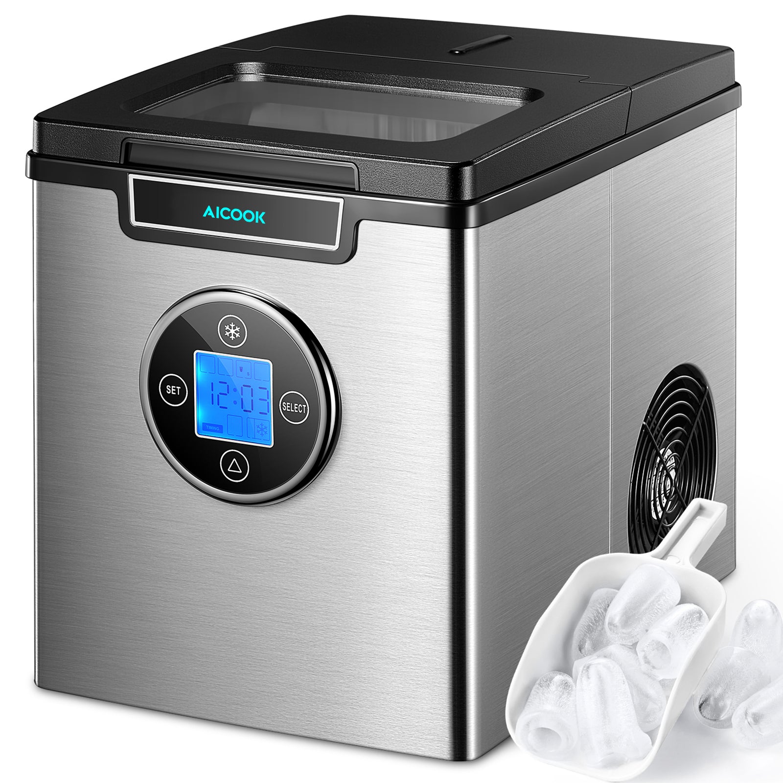 AICOOK Ice Maker Countertop Stainless Steel, 28 lbs. in 24 Hours, 9 Cubes Ready in 6 Minutes, 3 Ice Sizes, 2.4L with LED Display, Self Cleaning Function, Quiet Ice Maker Machine with Timer, Scoop and Basket
