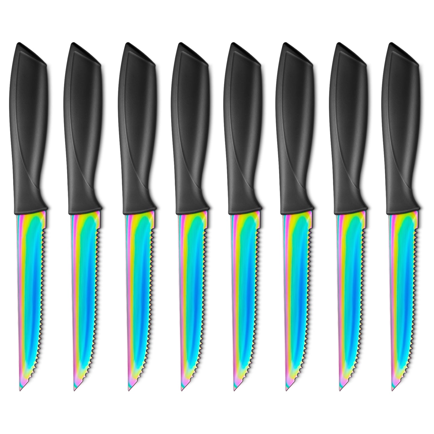 Deik Serrated Steak Knives, Stainless Steel Steak Knife Set of 8, Rainbow Titanium Color