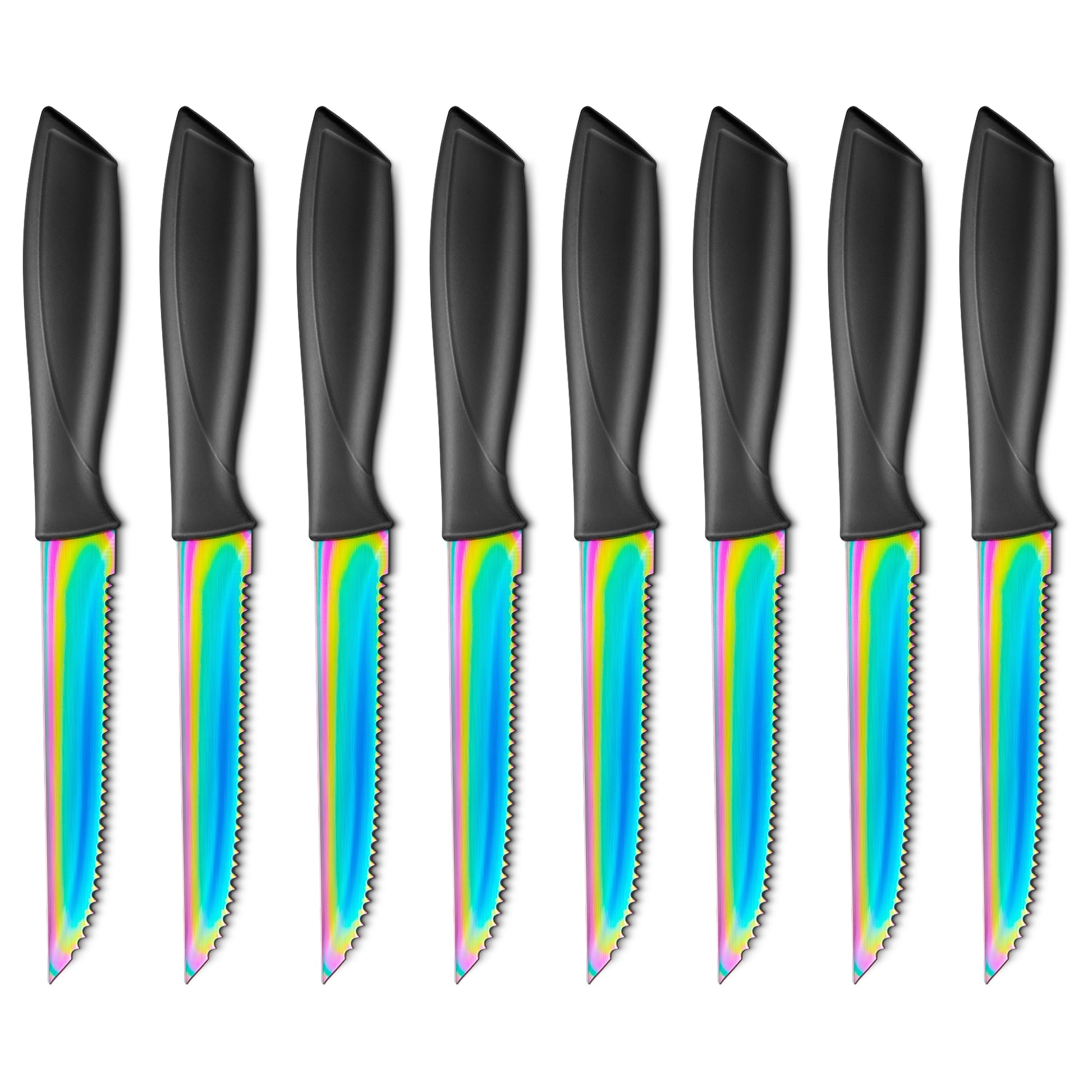 Steak Knives Set of 8, Rainbow Titanium Coated Stainless Steel Serrated  Steak Knife set, Anti-rust rainbow titanium coating, Super Sharp Serrated