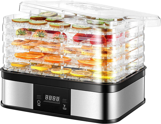 Dehydrator, Fruit & Vegetable Dryer with 5 BPA-Free Adjustable Trays, Timer (48H) & Adjustable Temperature (35-70 ° C), Digital Controls, Great for Fruit, Meat & Vegetables