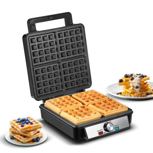 AICOOK | Waffle Maker Square 4 Slices Waffle Making Machine Iron with NonStick Surfaces, Anti Overflow, Adjustable Temperature, Stainless Steel Construction, LED Indicator, 1200W , Black/Silver