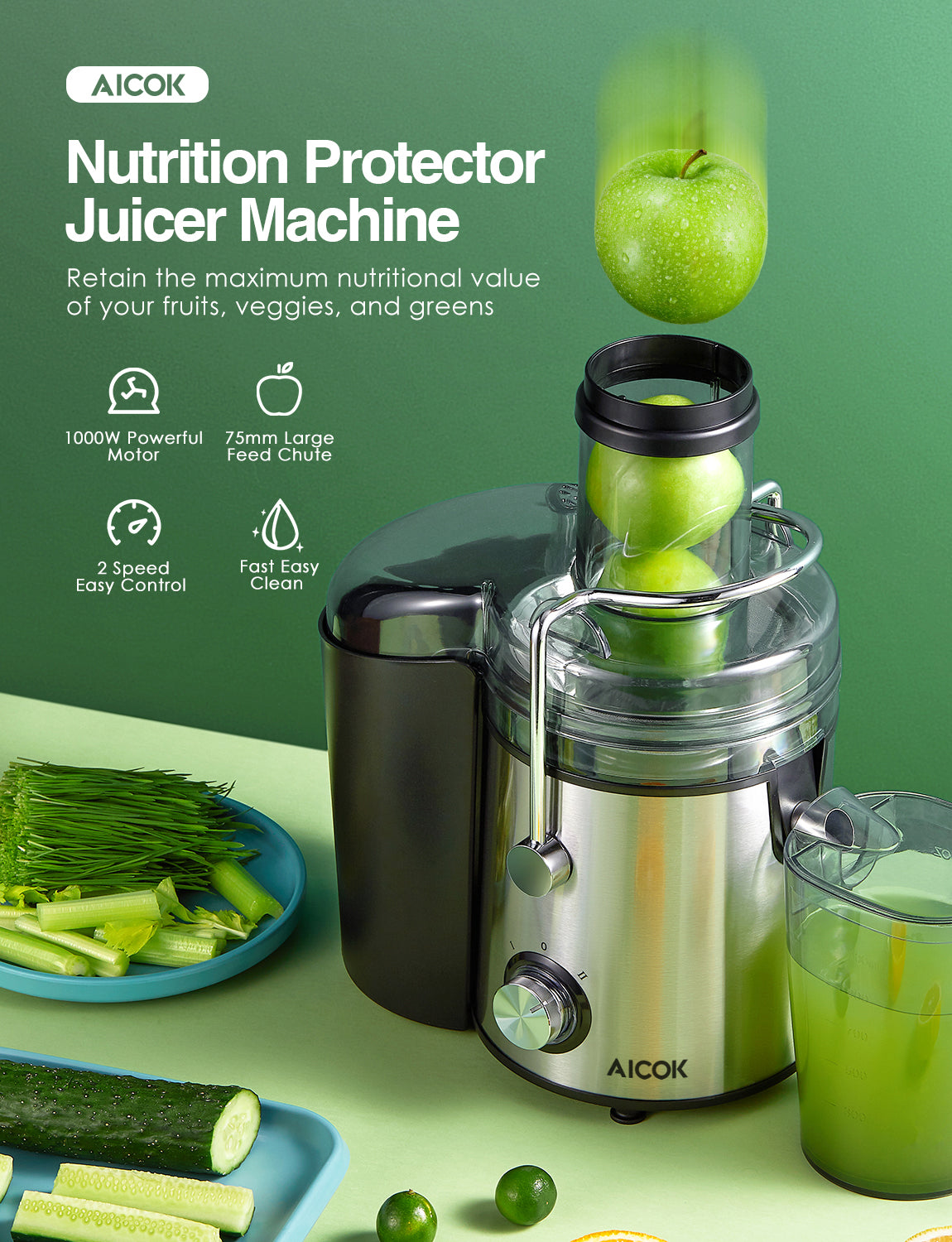 AICOK-Juicer, 1000W Stainless Steel Juicer Machines GS-332 nutrition protector large feed chute juicer