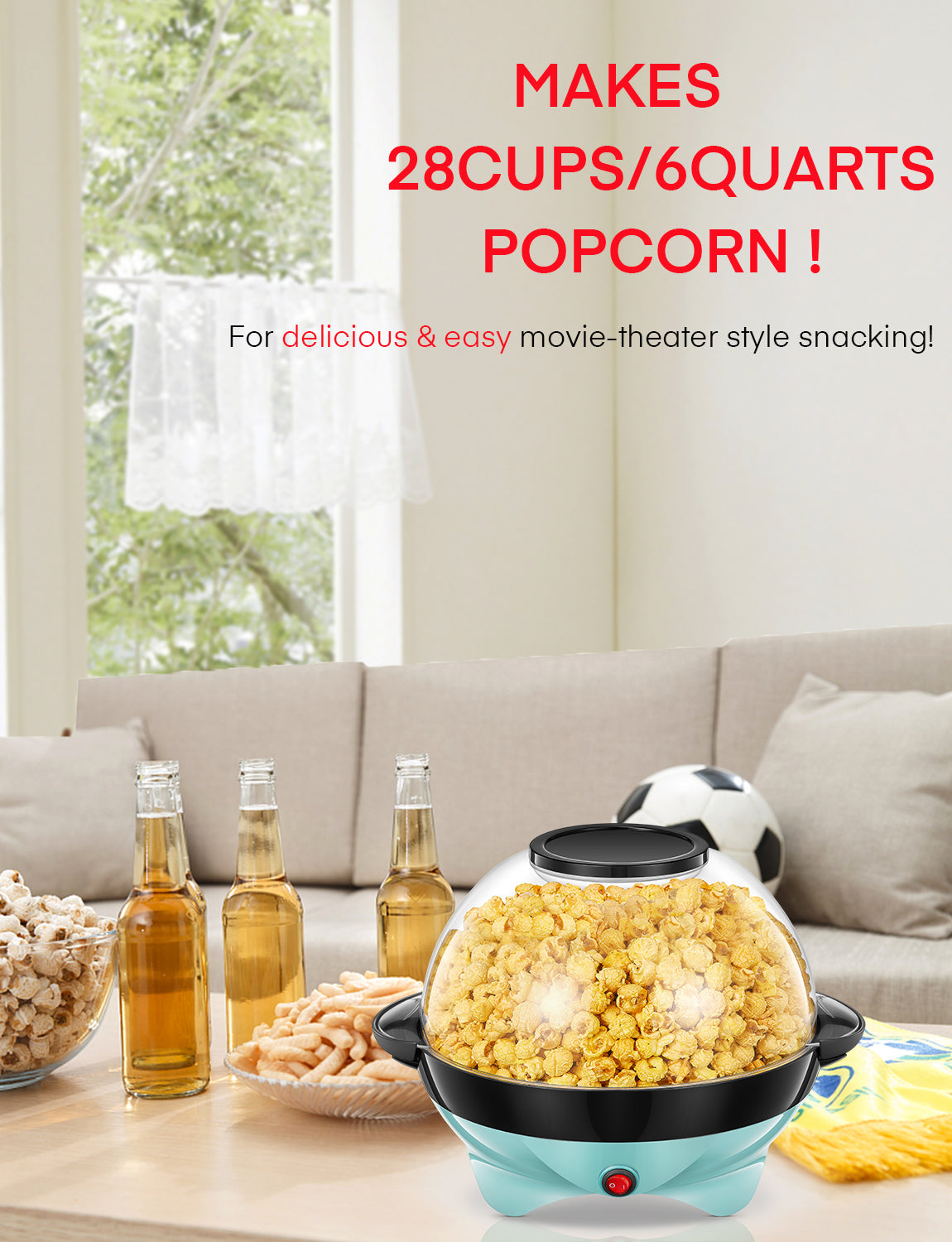 AICOOK Bowl Popcorn Machine, 24-Cup Fast Heat-up, Dishwasher Safe