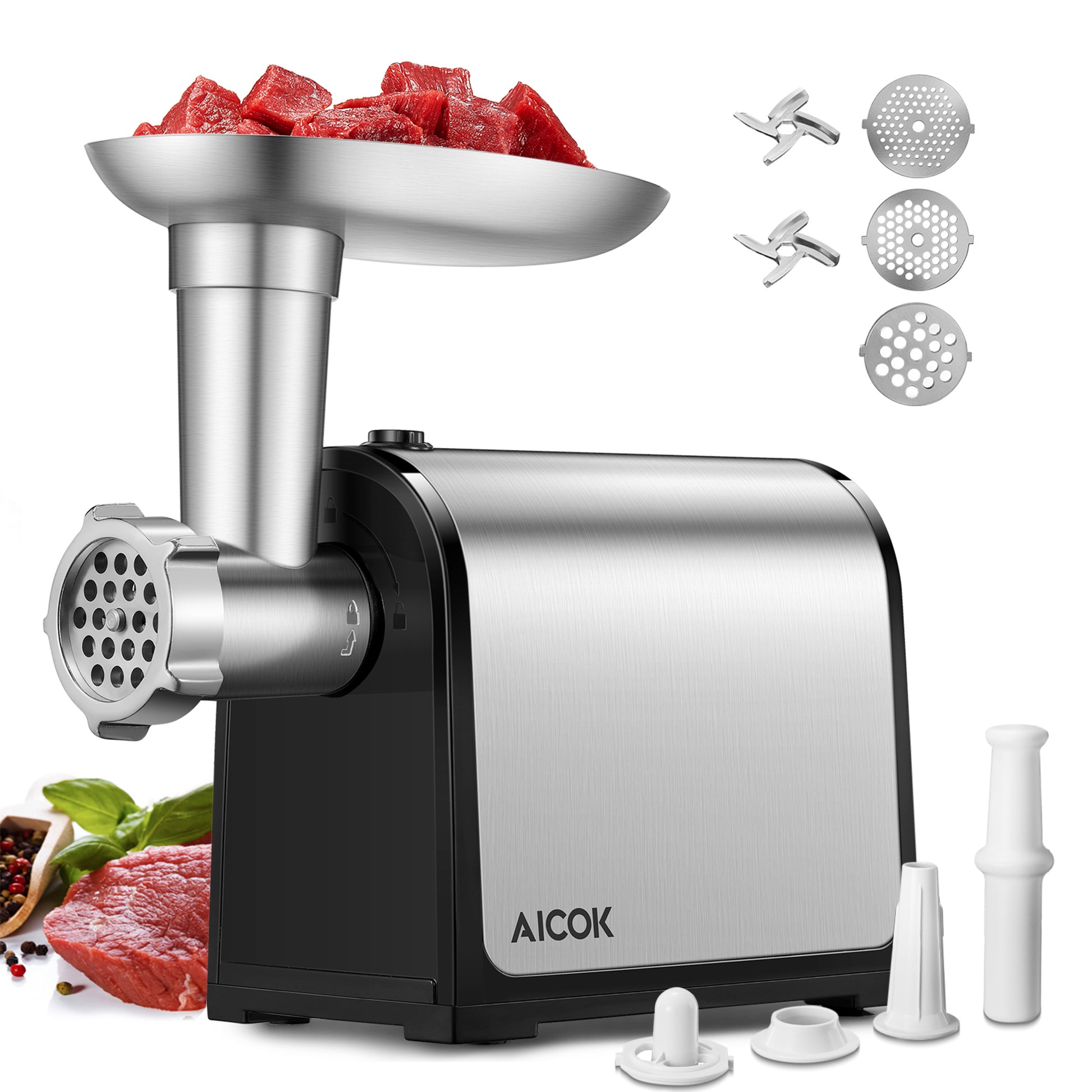 AICOK -Meat Grinder, 3-IN-1 Stainless Steel Meat Mincer, Sausage Stuffer, [2000W Max] Food Grinder MG-2430RB, recommended meat grinder, home kitchen & commercial use