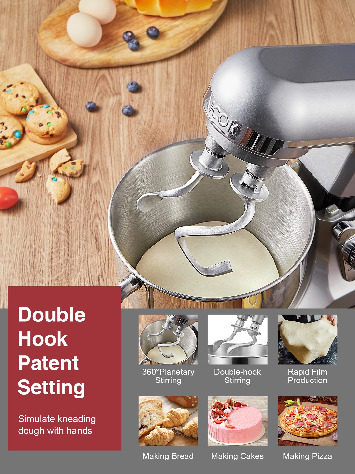 AICOK |  5.5QT Stand Mixer with Double Dough Hook, 6-speed Stainless Steel Bowl, Low Noise, Silver