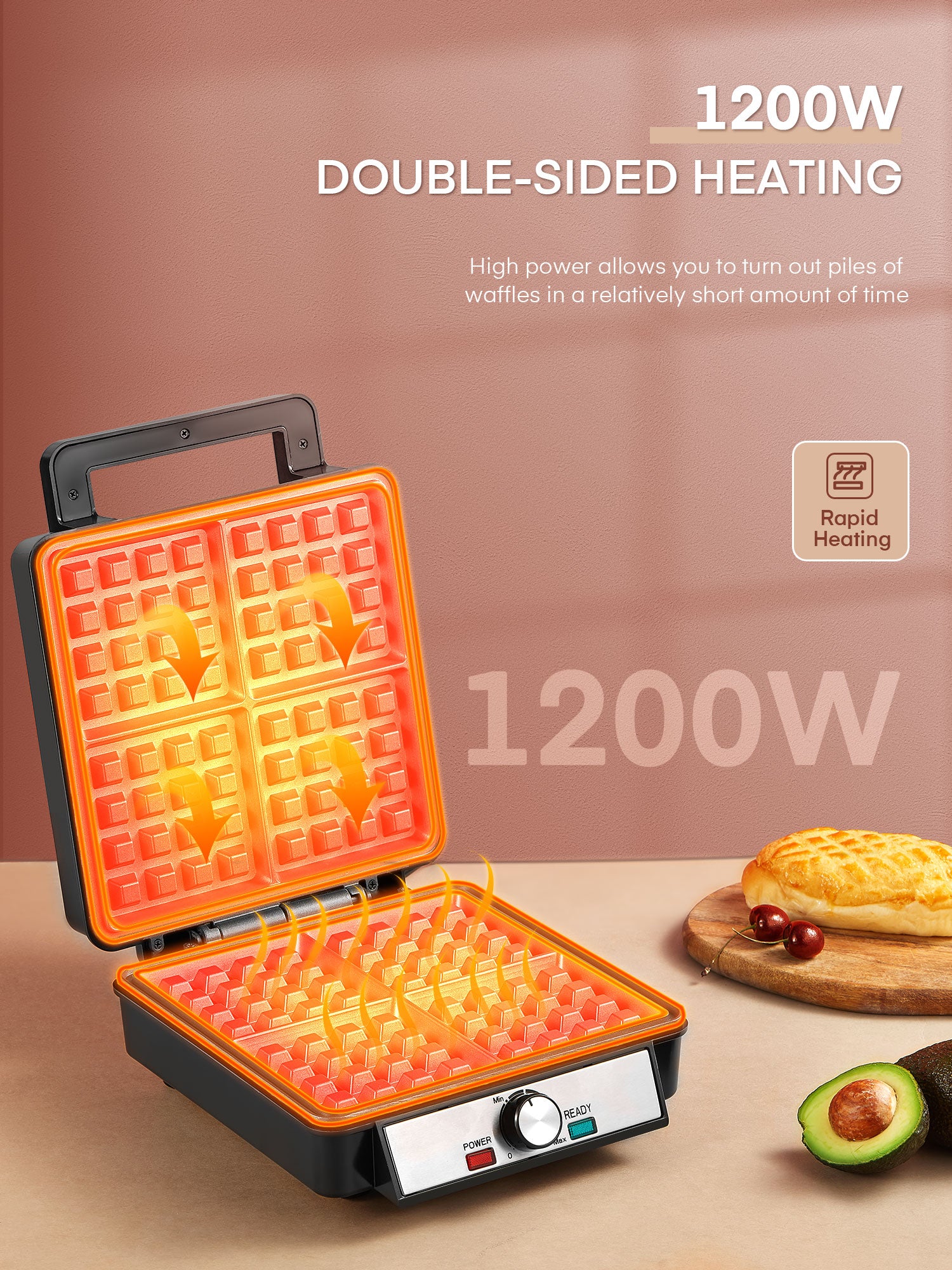 Aoruru Waffle Maker Nonstick Belgian Waffle Iron with Indicator Light 1300W 4 Slice