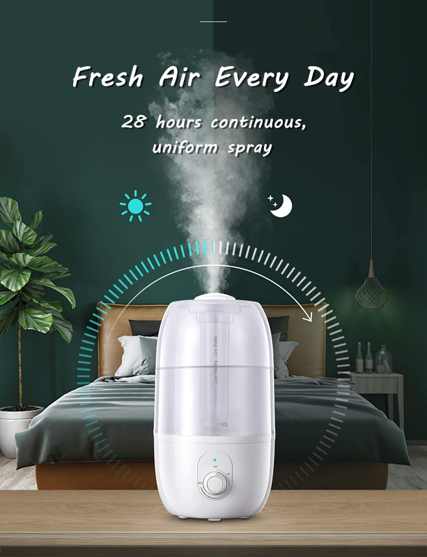 iTvanila Humidifier, Bedroom Cold Mist Humidifier, 2.7L/0.7 Gal Baby Humidifier, Output Adjustable, Lasts to 30 Hours, Whisper-Quiet, Auto Off, Filterless Humidifier for Home Office, White