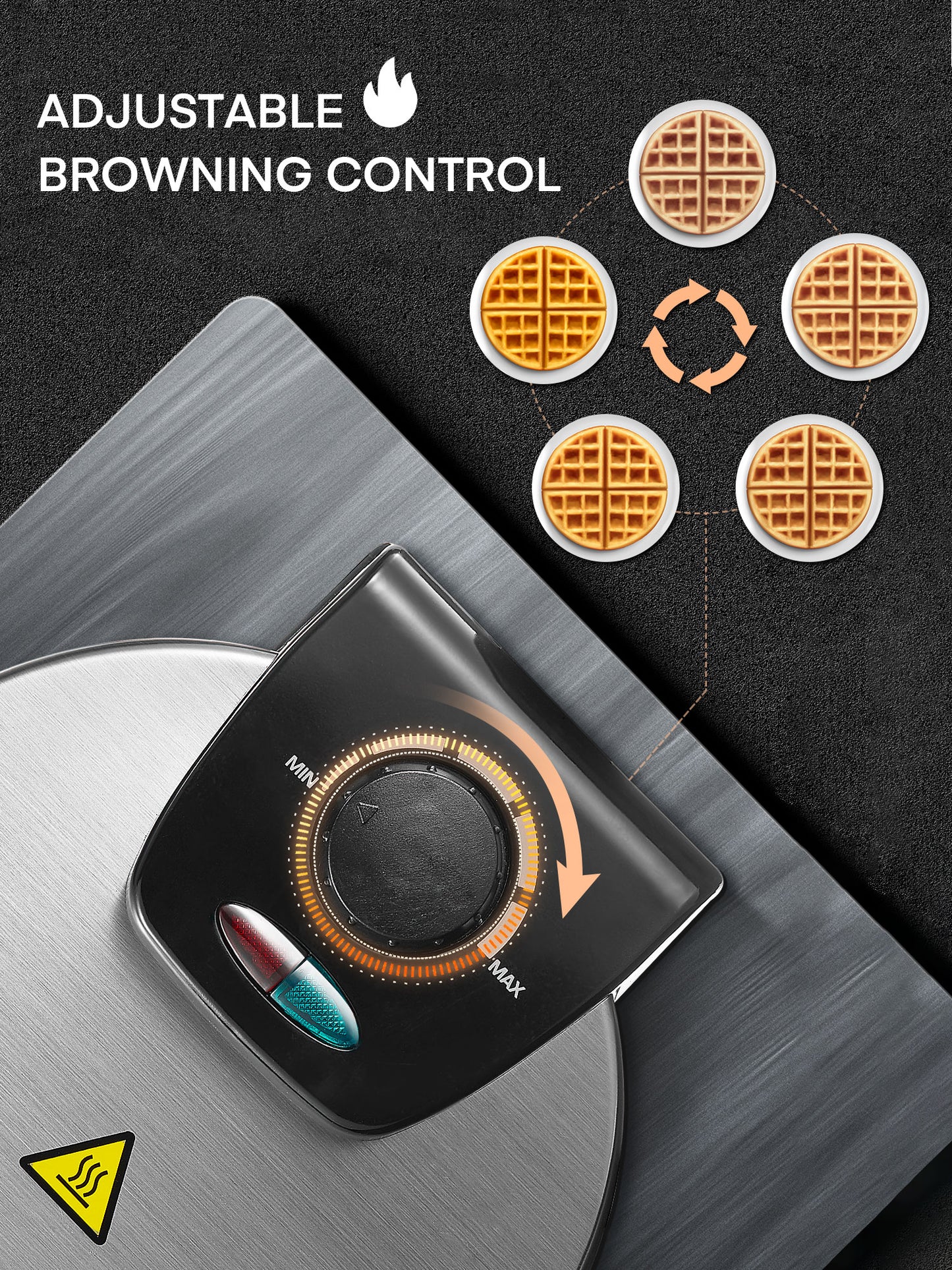 AICOOK 180° Flip Belgian Waffle Maker with Non Stick Grids, Adjustable Browning Temperature Control, Removable Drip Tray, 4-Slice Waffle Iron, Stainless Steel, Indicator Lights, Round Design, 1100W