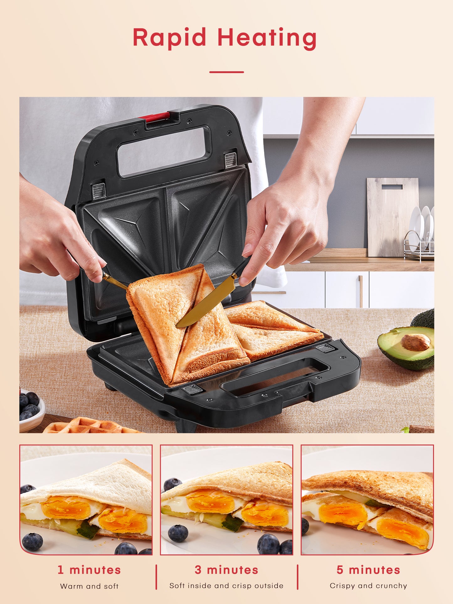 AICOOK Waffle Maker 3 in 1, Sandwich Maker with 3 Detachable Non-Stick Plates