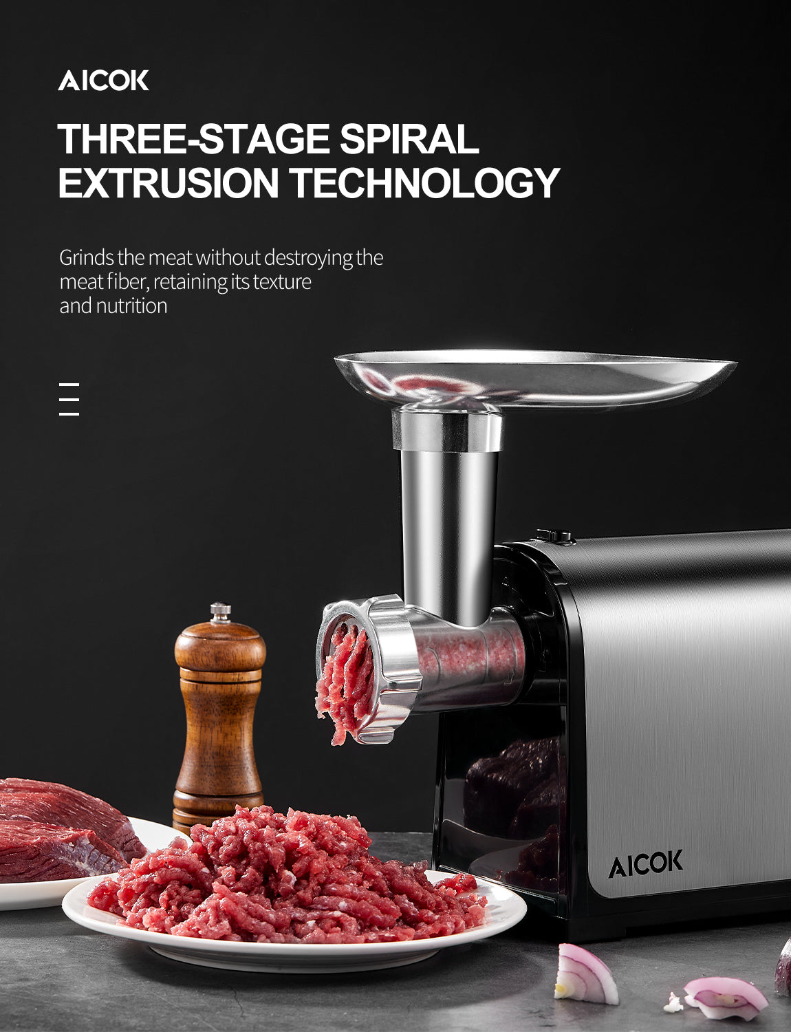 AICOK -Meat Grinder, 3-IN-1 Stainless Steel Meat Mincer, Sausage Stuffer, [2000W Max] Food Grinder MG-2430RB, fast and convenience, food prepare,