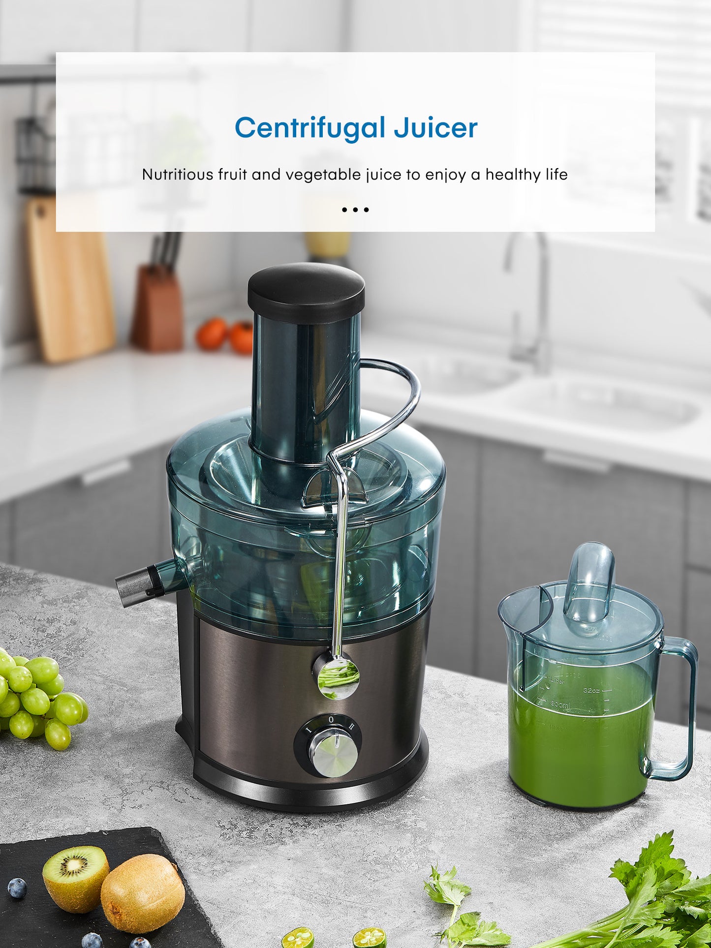 Compact One-Piece Centrifugal Juicer, 3" Wide Mouth, Anti-Slip, Drip-proof, BPA Free, Easy to Clean, Black