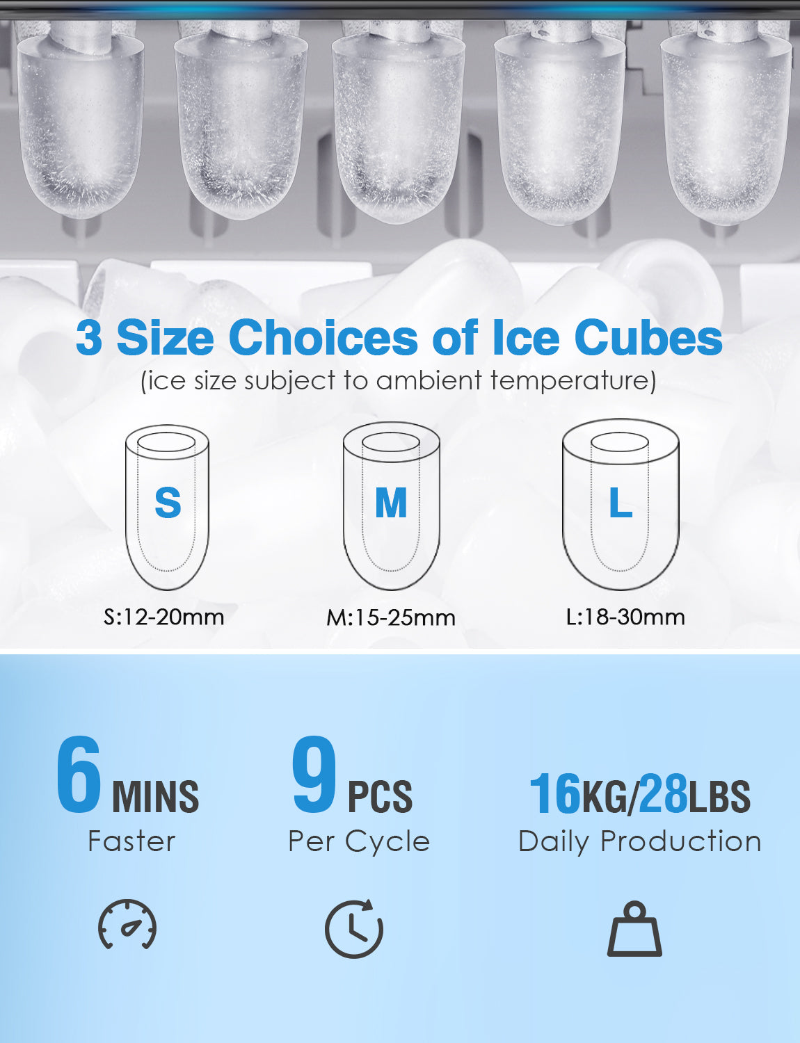 AICOOK Ice Maker Countertop Stainless Steel, 28 lbs. in 24 Hours, 9 Cubes Ready in 6 Minutes, 3 Ice Sizes, 2.4L with LED Display, Self Cleaning Function, Quiet Ice Maker Machine with Timer, Scoop and Basket