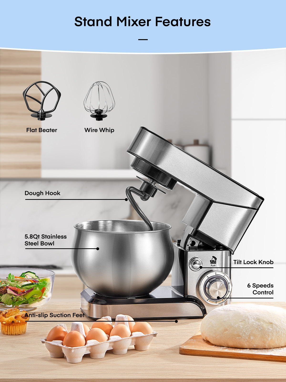5.8 Qt Stand Mixer, 6 Speed Stainless Steel Mixer, Powerful Kitchen Dough Mixers