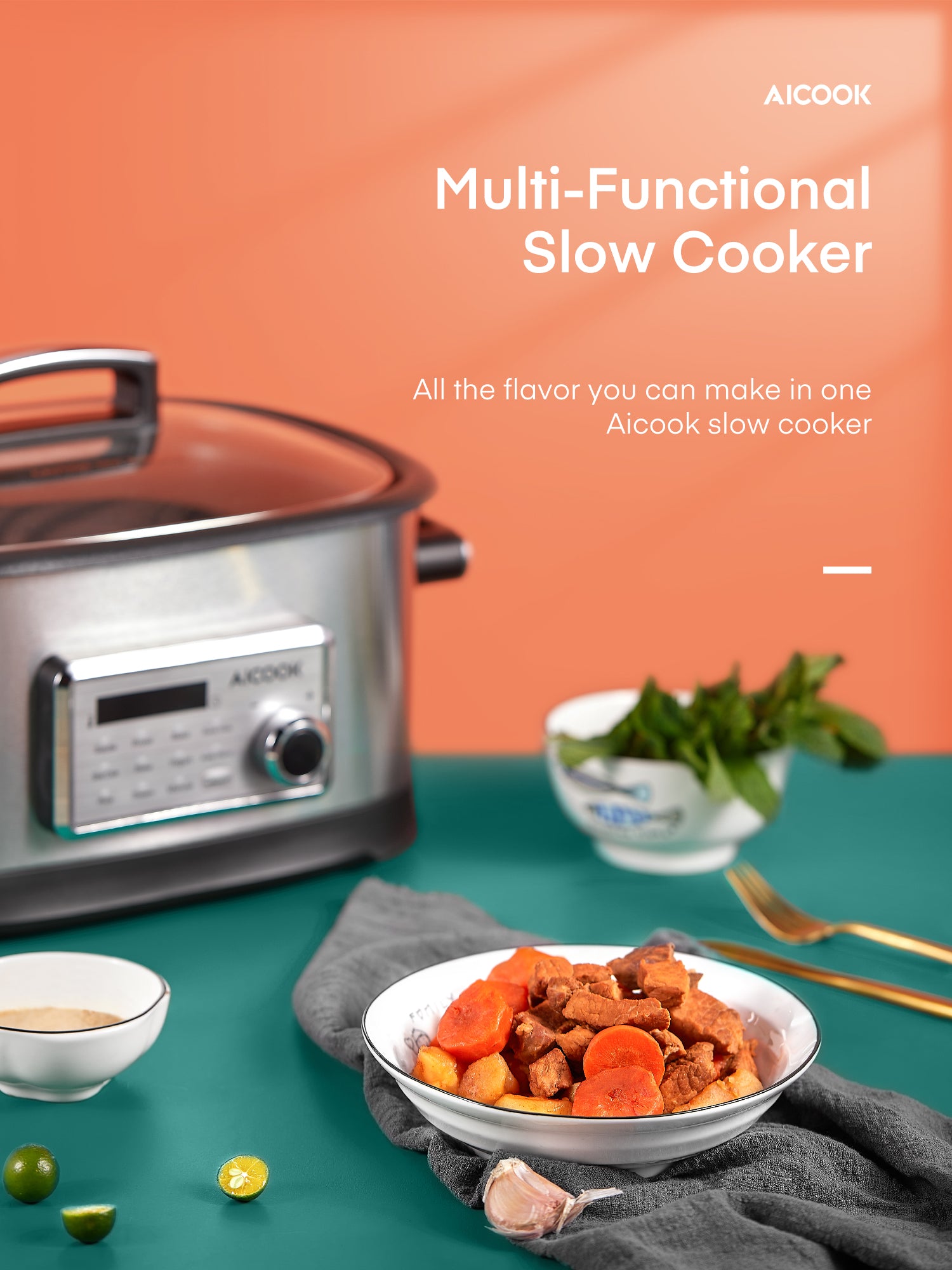 AICOOK Slow Cooker, 10-in-1 Programmable MultiCooker 6.5 Quart, Muti-Use Electric Cooker Food Steamer with Digital Timer, Non-Stick Pot & Steaming Rack, Adjustable Temp & Time, Automatic Keep Warm