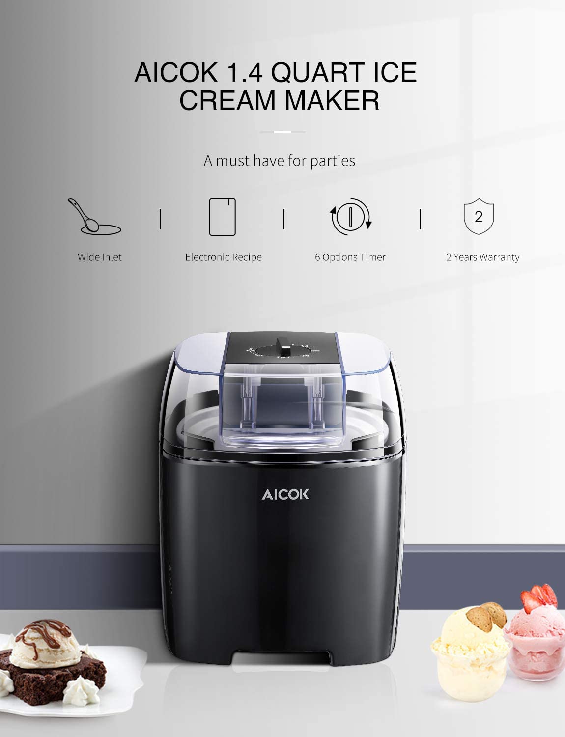AICOK 1.5L Ice Cream Maker, Yogurt Function, Compact Ice Cream Machine