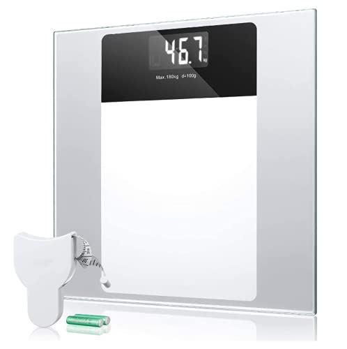 Digital Bathroom Scales with Tape Measure, Large LCD Display with Backlight, High Precision, 180kg/400lb, Auto On/Off, 2 AAA Batteries, Ultra Thin Design, White