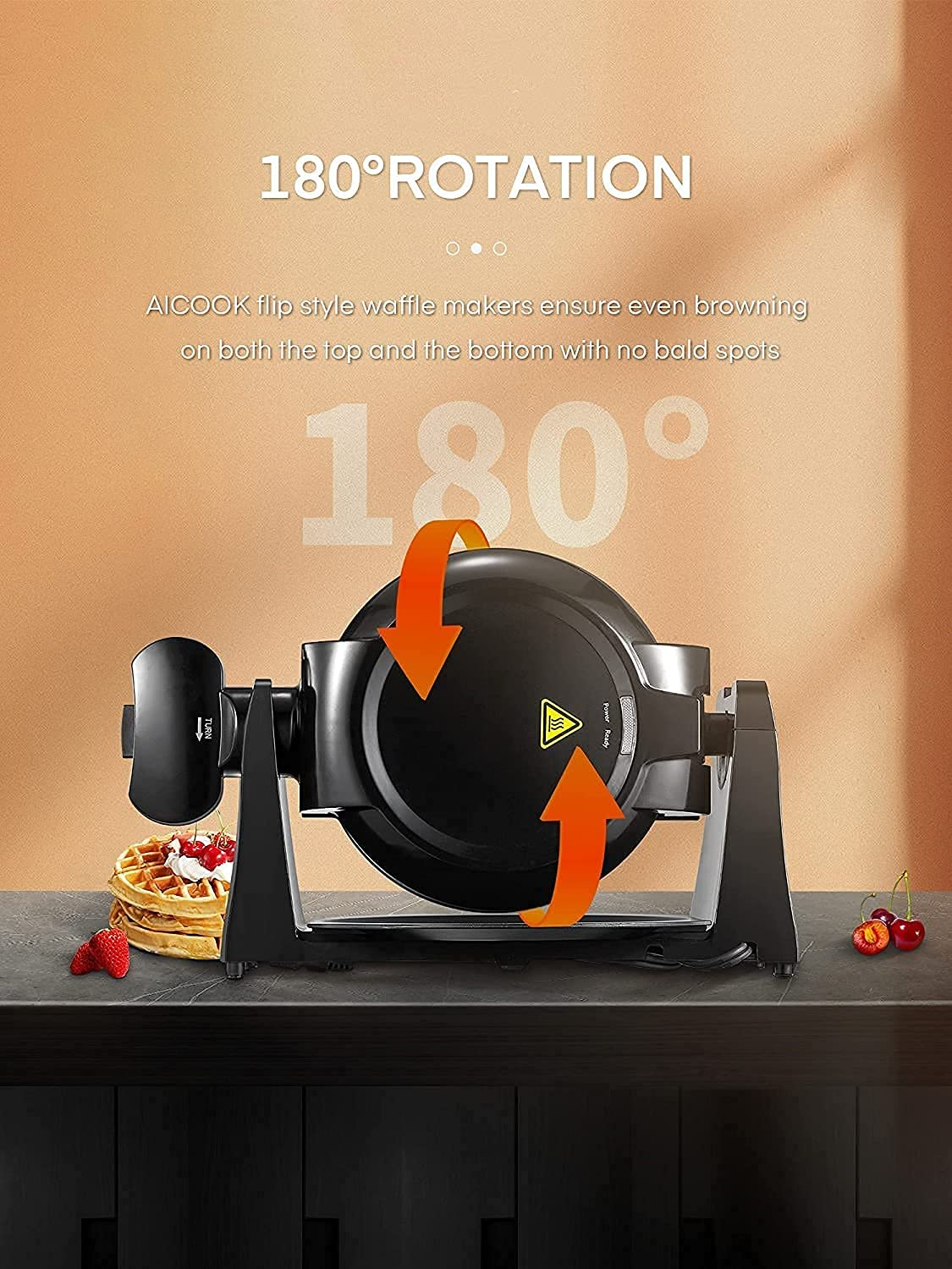 AICOOK | Double Waffle Maker 180° Flip, Belgian Waffle Iron 8 Slices One Time, Nonstick Plates, Removable Drip Tray & Rotating, 1400W Adjustable Temperature Control Cool Touch Handle, Black