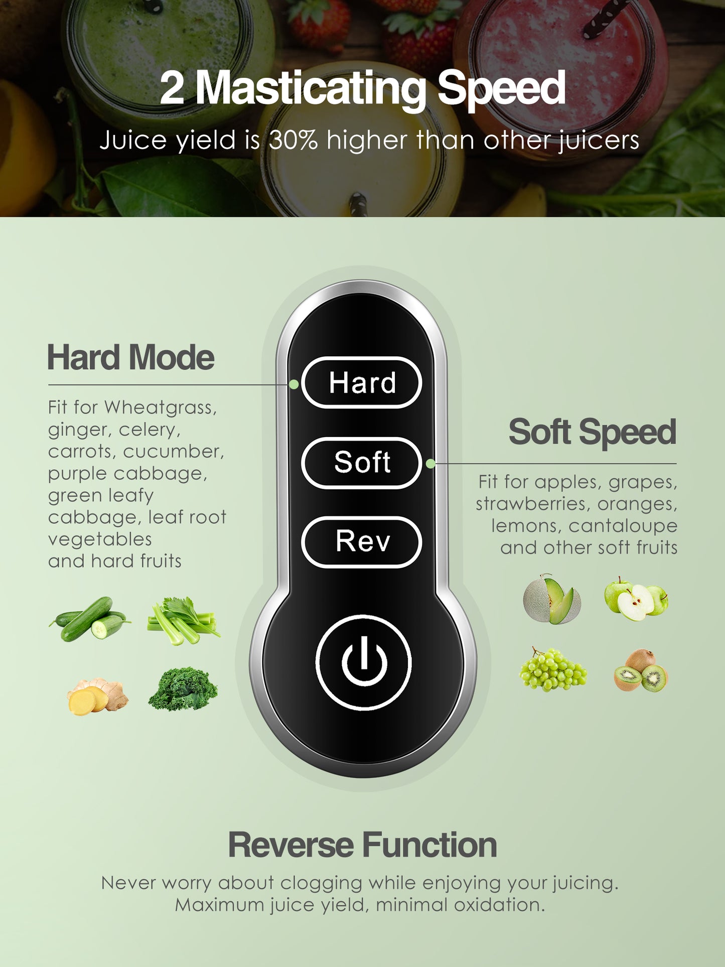 Slow Masticating Juicer Extractor with 2-Speed Modes, Cold Press Juicer with Quiet Motor and Reverse F