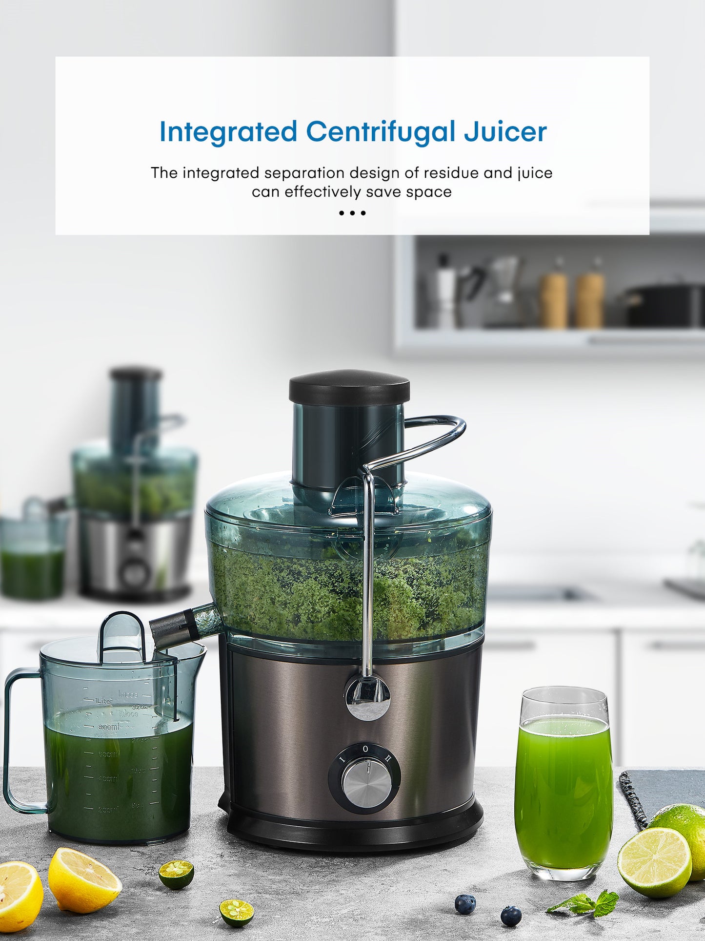 Compact One-Piece Centrifugal Juicer, 3" Wide Mouth, Anti-Slip, Drip-proof, BPA Free, Easy to Clean, Black