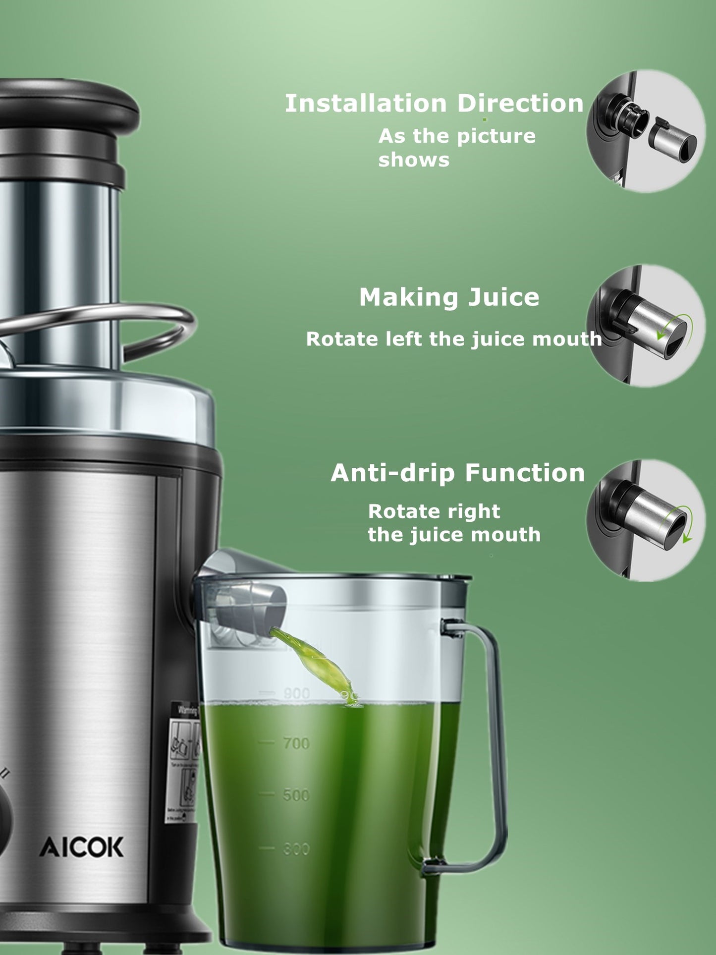 Products AICOK Juice Extractor Easy to Clean, 800W Ultra Power Stainless Steel Centrifugal Juicer Machine with 3''Wide Mouth for Whole Fruits & Vegetables, 2 Speed Control, Anti-drip, BPA Free