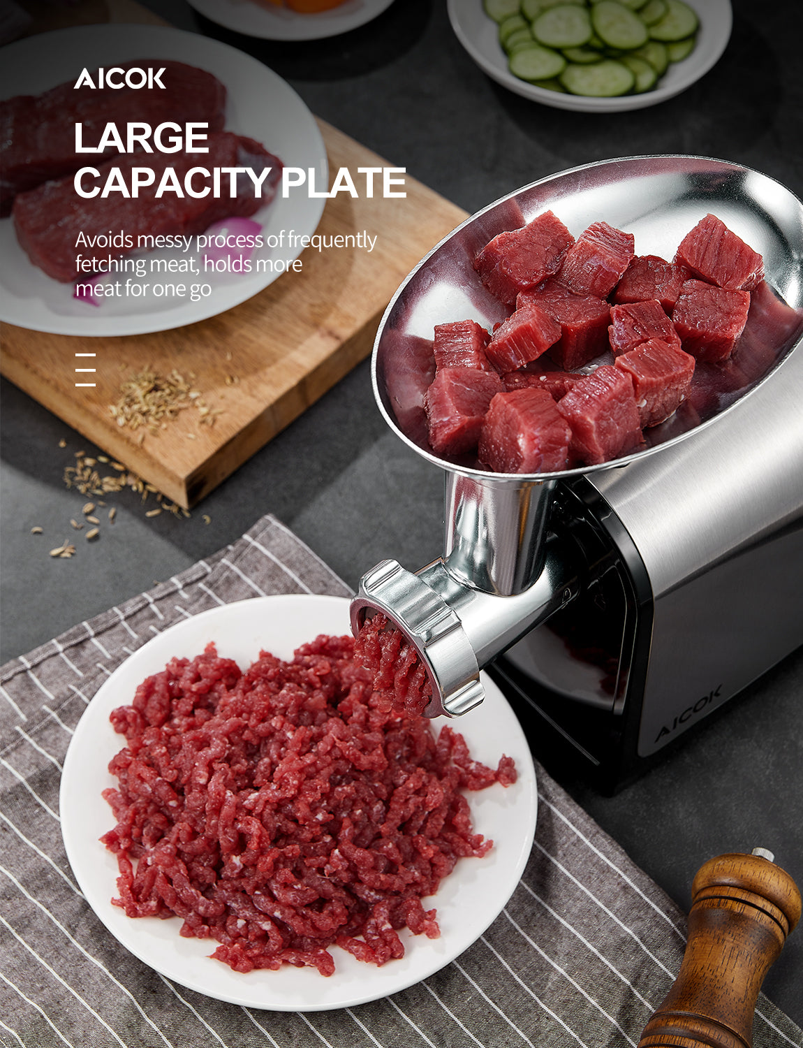 AICOK -Meat Grinder, 3-IN-1 Stainless Steel Meat Mincer, Sausage Stuffer, [2000W Max] Food Grinder MG-2430RB, large capacity plate, fresh meat, minced pork 