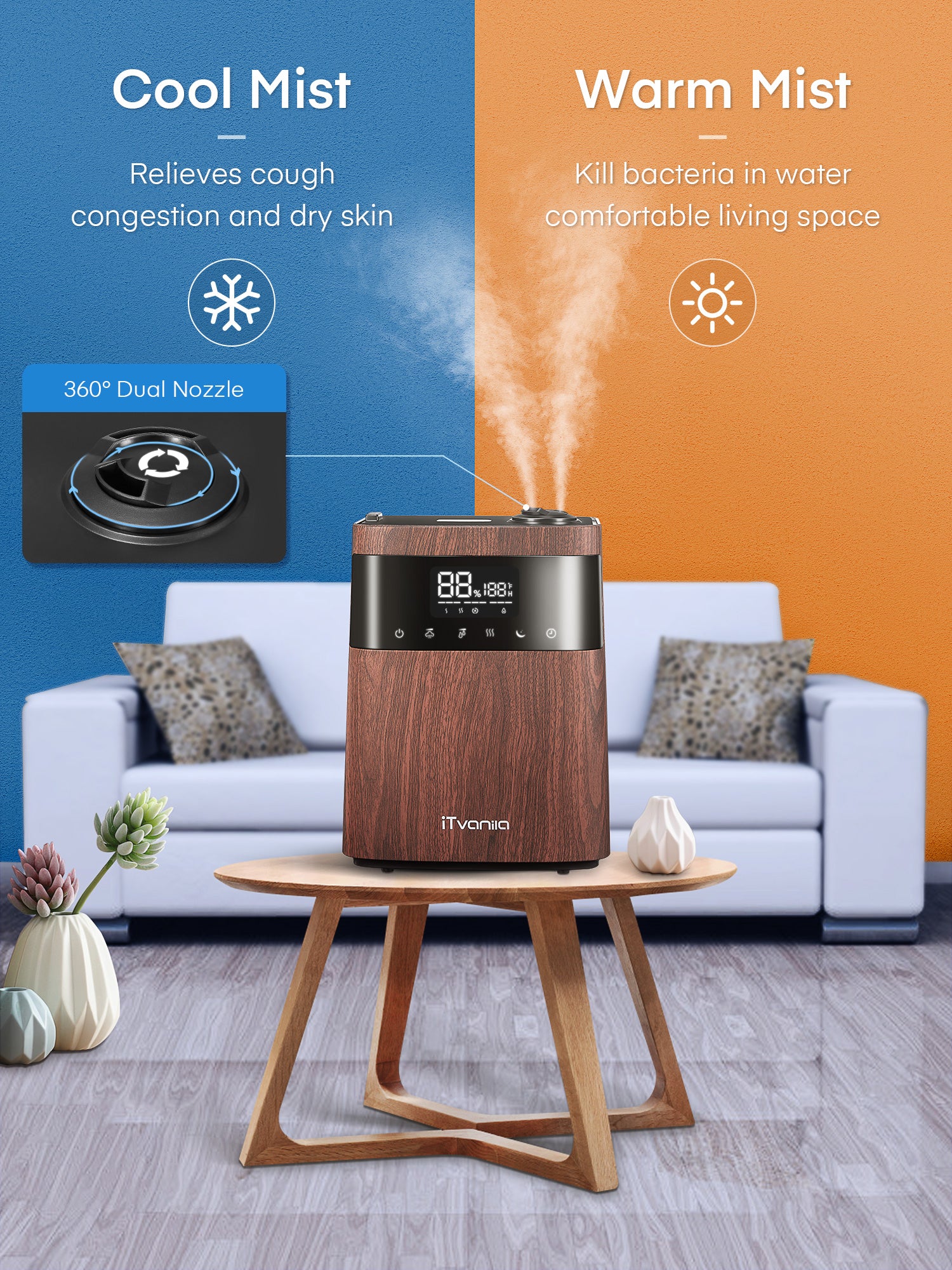 iTvanila Humidifiers for Bedroom Large Room, 5.5L Top Fill Cool and Warm Mist Humidifier for Families Plants with Essential Oil Built-in Humidity Sensor, Humidifiers with Timer Setting Last up t