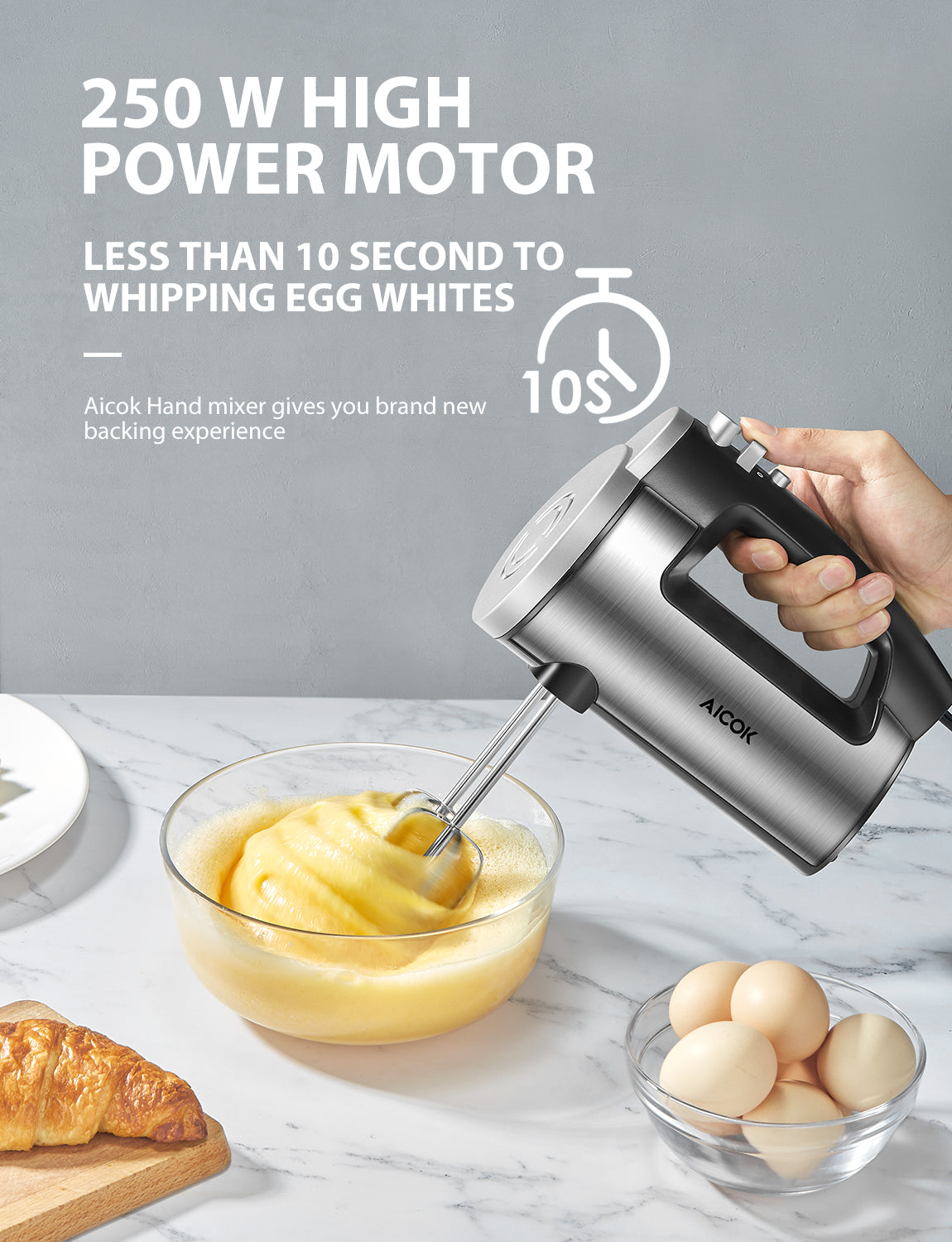 250 W Hand Mixer 6-Speed, New, Silver, 2 Beaters and 2 Dough Hooks