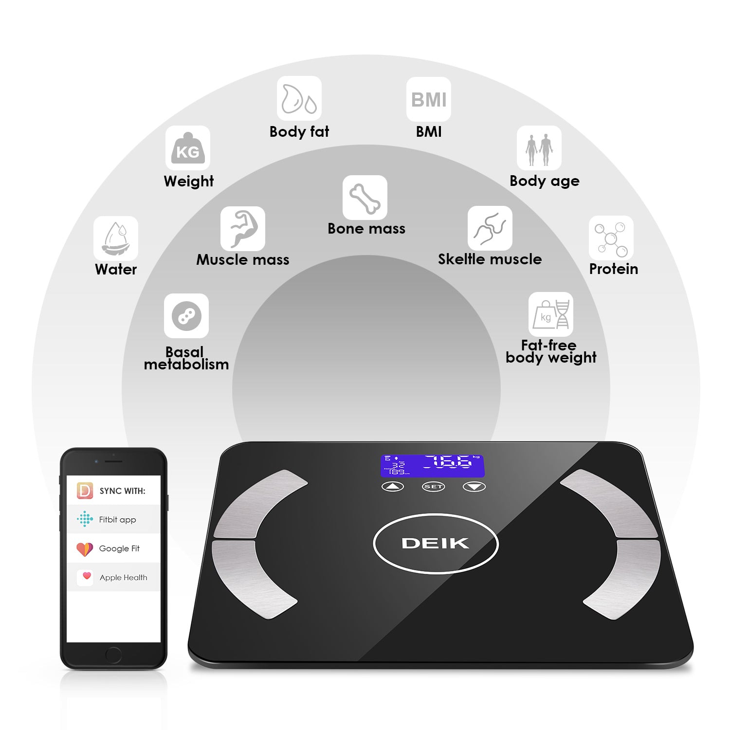 DEIK Smart Digital Body Fat Scale, White Bluetooth Bathroom Scale, with iOS  and Android APP, 180kg/400lb High Precision Measurement, Detects 13 Data