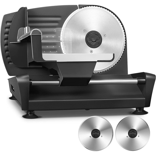 Meat Slicer, AICOOK Kitchen Pro 200W Electric Deli Food Slicer with Two 7.5'' Blade(Serrated & Smooth) for Home Use, Precise 0-15mm Adjustable Thickness for Meat, Cheese, Bread, Include Food Pusher