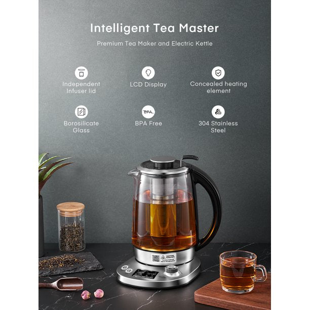 Electric Tea Kettle, Electric Kettle Temperature Control with 9 Presets, 2Hr Keep Warm, Removable Tea Infuser, Stainless Steel Glass Boiler, BPA Free, 1.7L