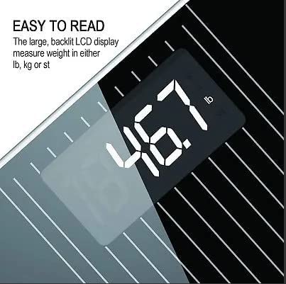 Bathroom Scale, 180 kg / 400 lbs Accurate Measurement, with Transparent Platform and Backlit LCD Display, Includes Tape Measure and 2 AAA Batteries, Black