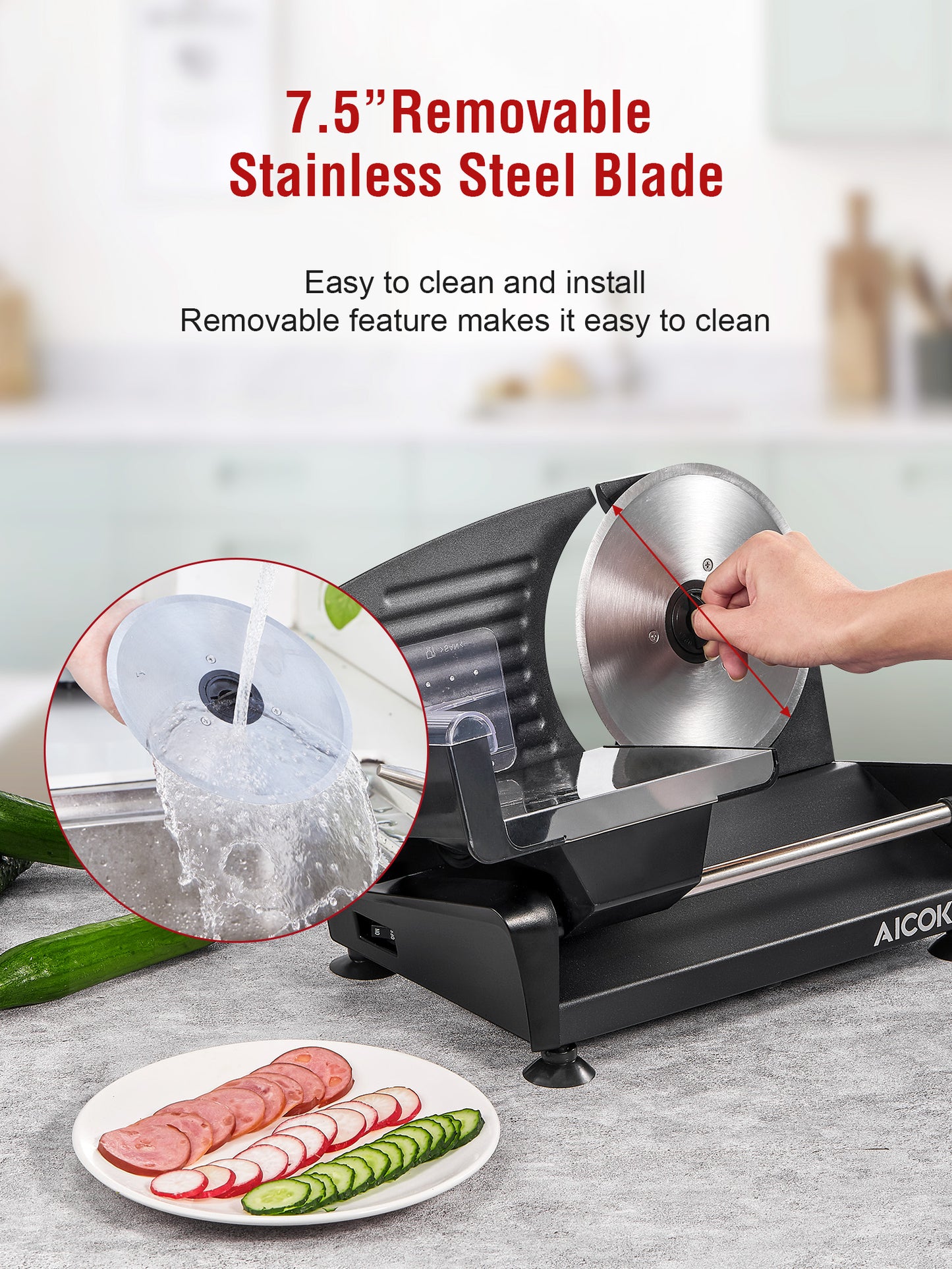 AICOK Meat Slicer, 200W Deli & Food Slicer with Two Removable 7.5’’ Stainless Steel Blade with Adjustable Thickness Knob (0-15mm) for Meat, Cheese, Bread, Black, Mode519