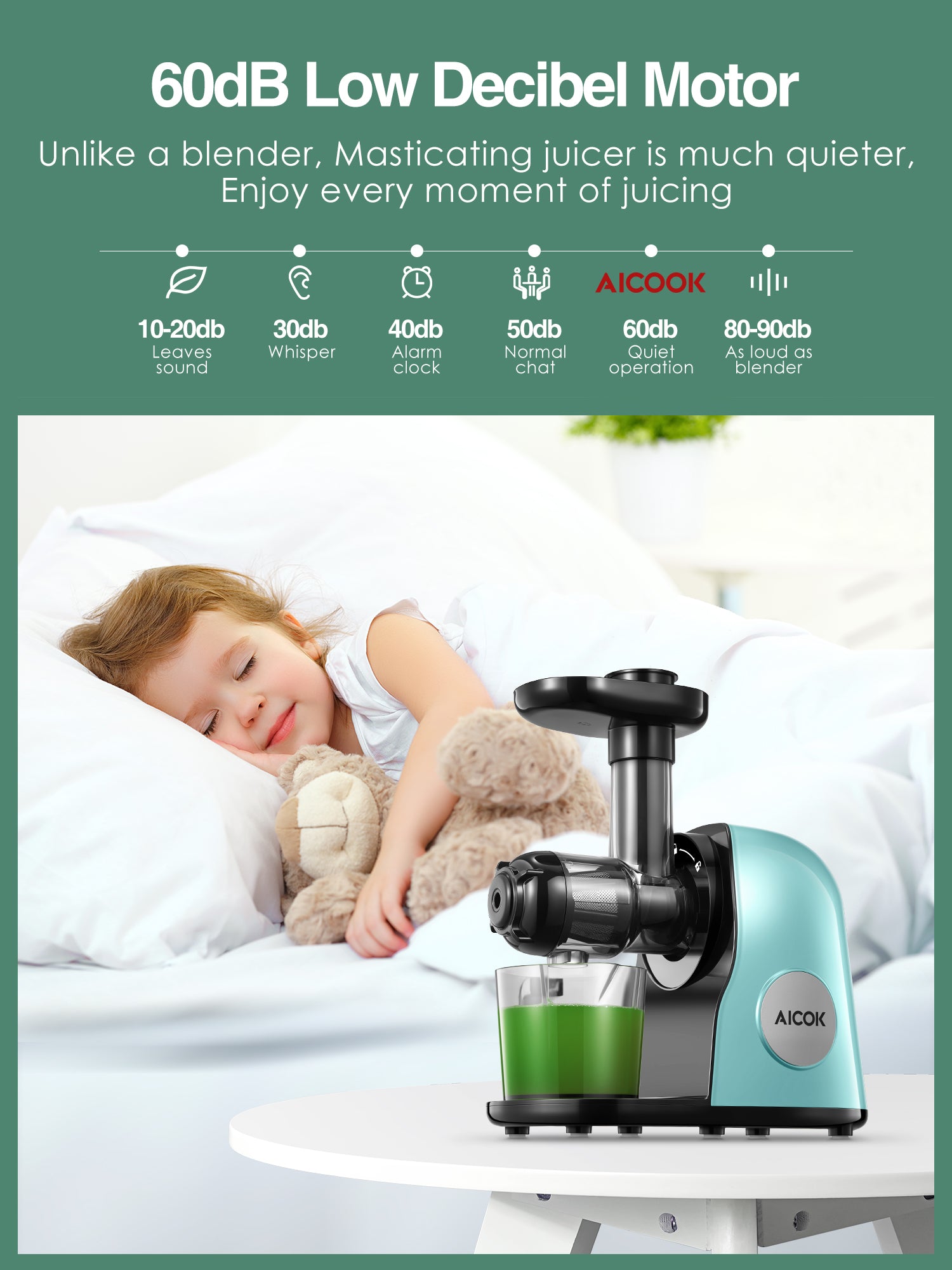 AICOK  Slow Masticating juicer Extractor, Cold Press Juicer Machine, Quiet Motor, Reverse Function, High Nutrient Fruit and Vegetable Juice with Juice Jug & Brush for Cleaning, Matcha Green