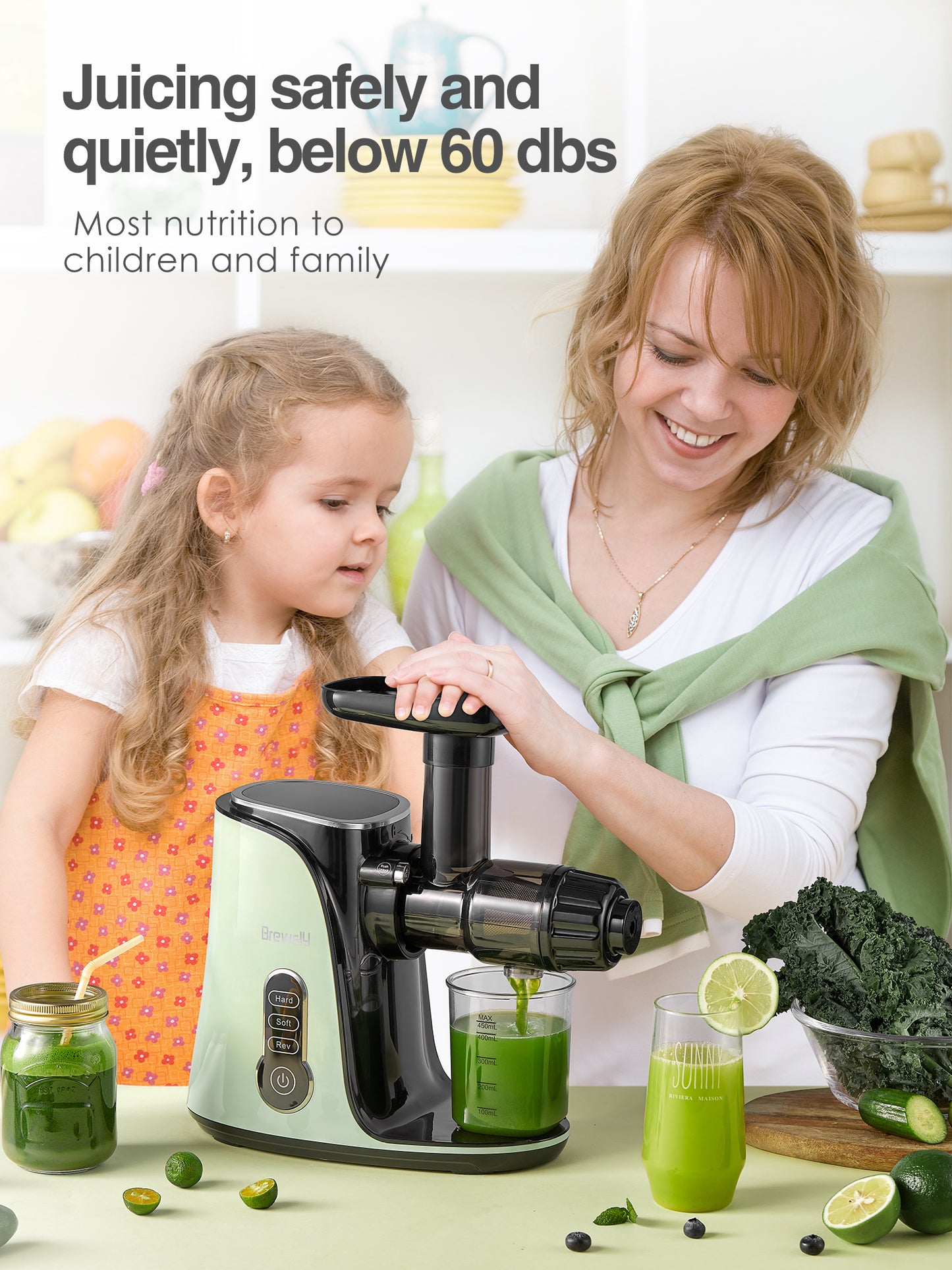 Juicer Machines, Slow Masticating Juicer Extractor with 3-Mode 2-Speed, Cold Press Juicer Easy to Clean, Quiet Motor & Reverse Function, Juice Recipes for Vegetables and Fruits, Green