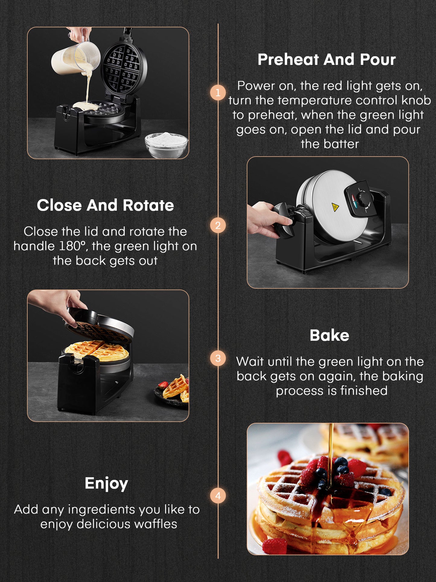 AICOOK 180° Flip Belgian Waffle Maker with Non Stick Grids, Adjustable Browning Temperature Control, Removable Drip Tray, 4-Slice Waffle Iron, Stainless Steel, Indicator Lights, Round Design, 1100W