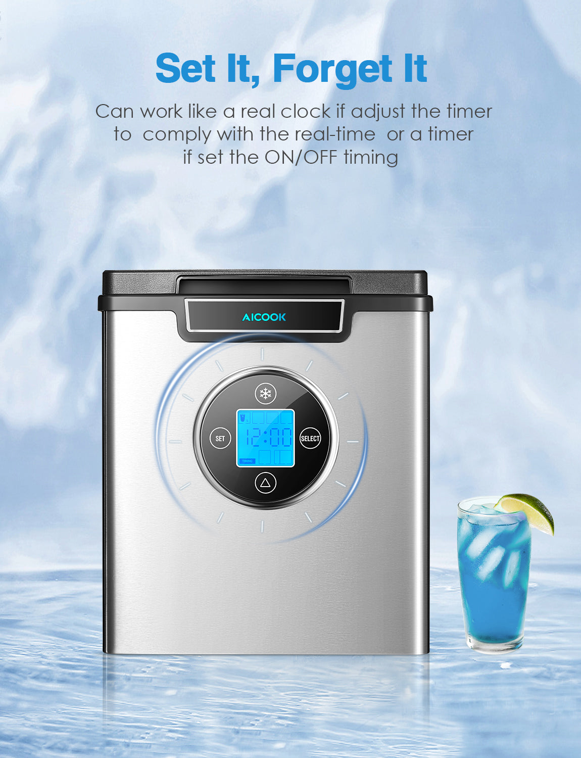 AICOOK Ice Maker Countertop Stainless Steel, 28 lbs. in 24 Hours, 9 Cubes Ready in 6 Minutes, 3 Ice Sizes, 2.4L with LED Display, Self Cleaning Function, Quiet Ice Maker Machine with Timer, Scoop and Basket