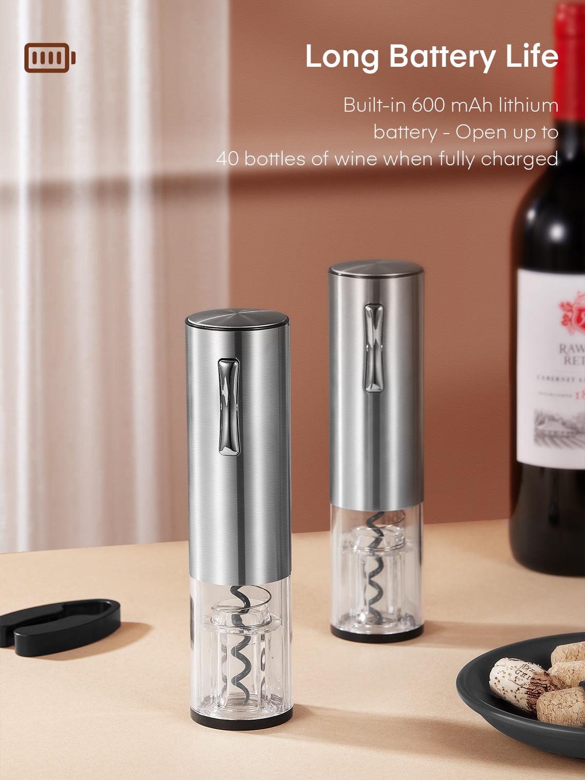 Electric Wine Opener, Cordless Automatic Electric Wine Bottle Opener with Charging Base, Vacuum Freshener with 2 Stoppers, Foil Cutter,Wine Pourer,Adaptor