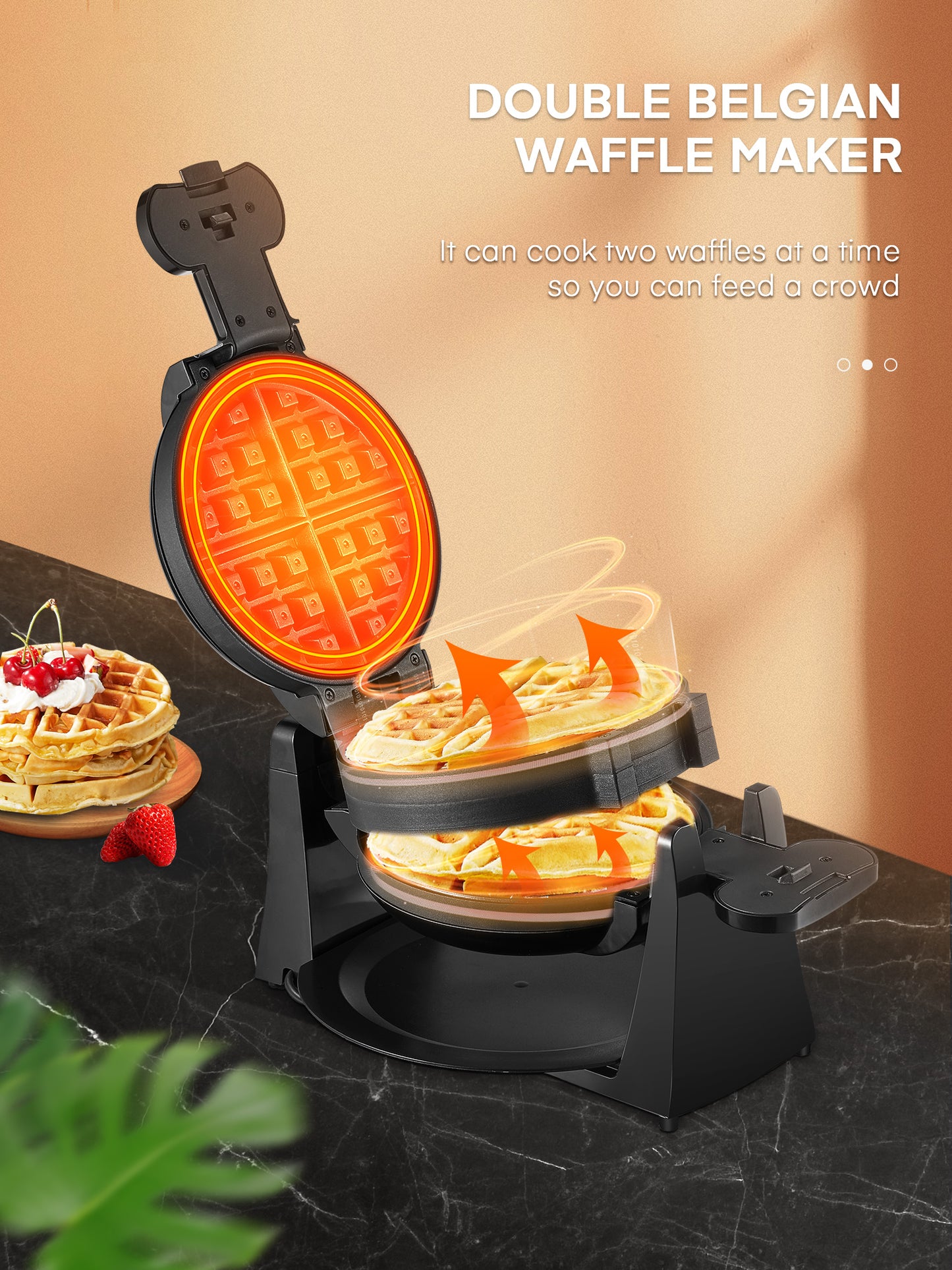 180° Flip Belgian Double Waffle Maker, Waffle Iron 8-Slice One Time, Nonstick Plates, Removable Drip Tray & Rotating, 1400W Adjustable Temperature Control & Cool Touch Handle, Black