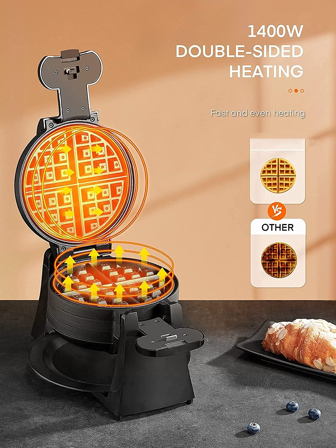 AICOOK | Double Waffle Maker 180° Flip, Belgian Waffle Iron 8 Slices One Time, Nonstick Plates, Removable Drip Tray & Rotating, 1400W Adjustable Temperature Control Cool Touch Handle, Black