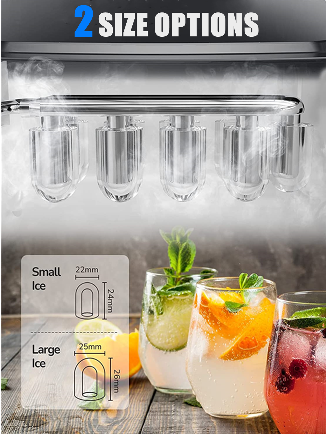 Ice Maker Machine Countertop, 28 lbs in 24 Hrs, 9 Cubes Ready in 5 Mins, 2 Ice Sizes, 2 L with Self-clean, LCD Display, Silver
