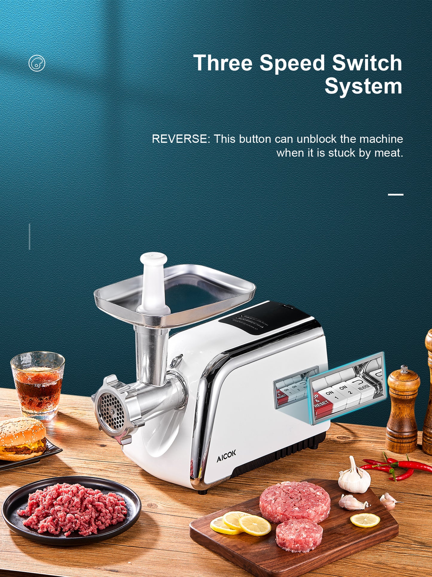 AICOK Electric Meat Grinder, [2500W Max] Sausage Stuffer with 4 Grinding Plates & 3 - S/S Blades, 2 Free Meat Claws, Cookie Shaper & 2 Burger-Slider Maker, 3 Speeds Control, Storage Box