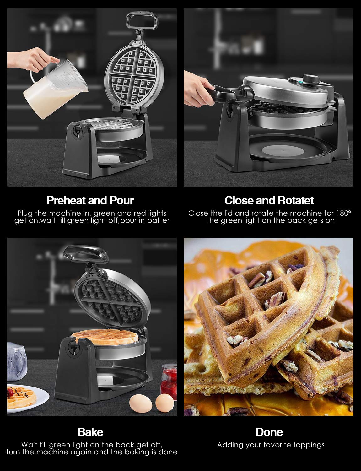 AICOOK | Classic Rotating Belgian Waffle Maker, 180° Flip Waffle Iron for Perfect 1" Thick Waffles, PFOA Free Nonstick Plates & Removable Drip Tray for Easy Clean Up, 1200W Browning Control, Stainless Steel