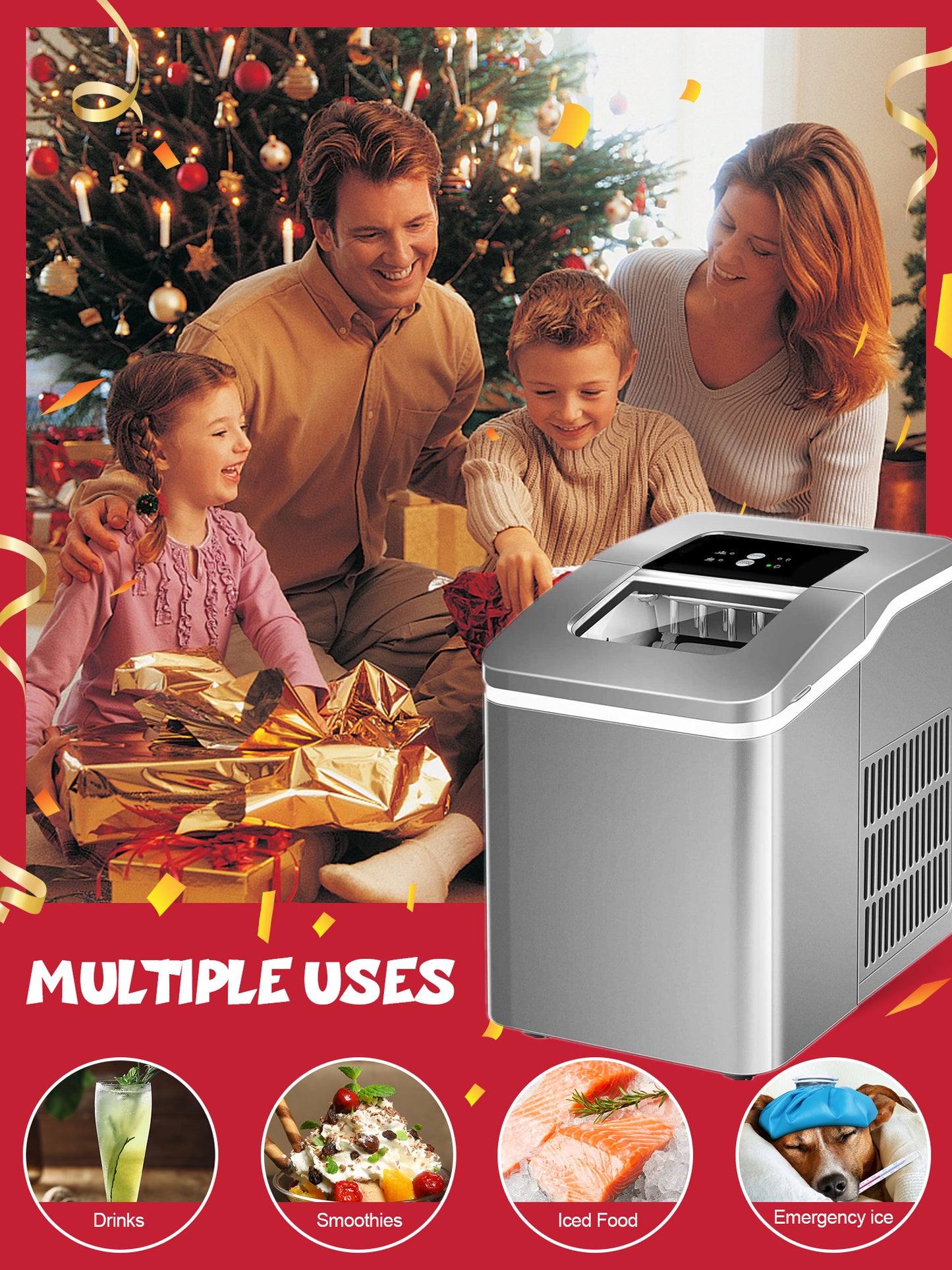 Ice Maker Machine Countertop, 28 lbs in 24 Hrs, 9 Cubes Ready in 5 Mins, 2 Ice Sizes, 2 L with Self-clean, LCD Display, Silver