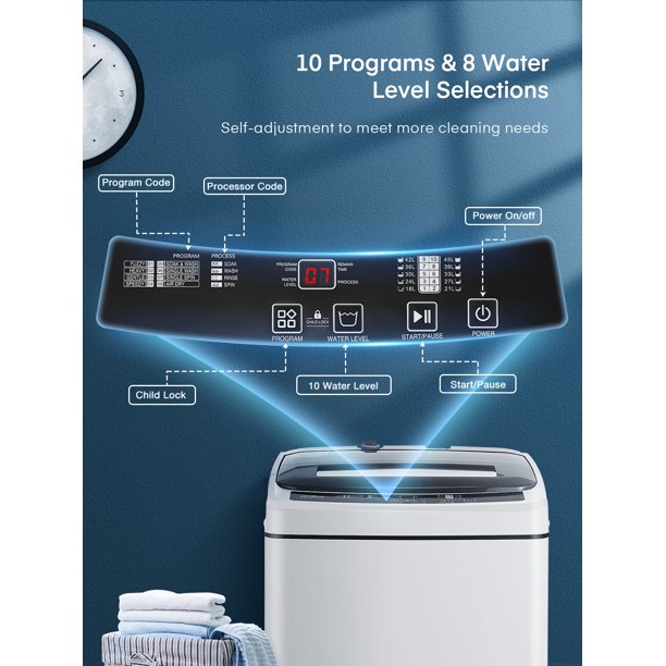 Portable Washing Machine, 1.54 cu.ft Full-automatic Washing Machine and Dryer with 8 Washing Programs, Compact Size Ideal for Dorms, Apartment, Camping and RV, Hoses for 2 Water-taps Included, White