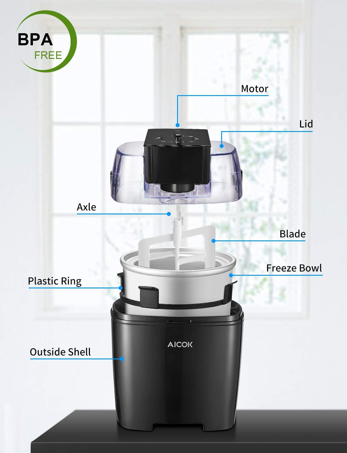 AICOK 1.5L Ice Cream Maker, Yogurt Function, Compact Ice Cream Machine
