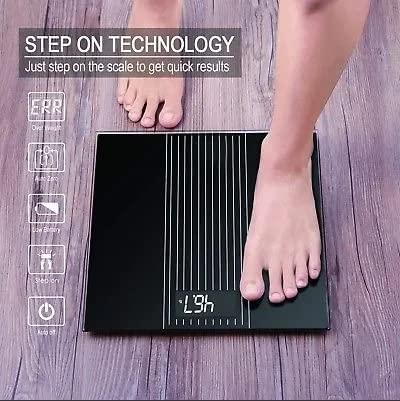 Bathroom Scale, 180 kg / 400 lbs Accurate Measurement, with Transparent Platform and Backlit LCD Display, Includes Tape Measure and 2 AAA Batteries, Black