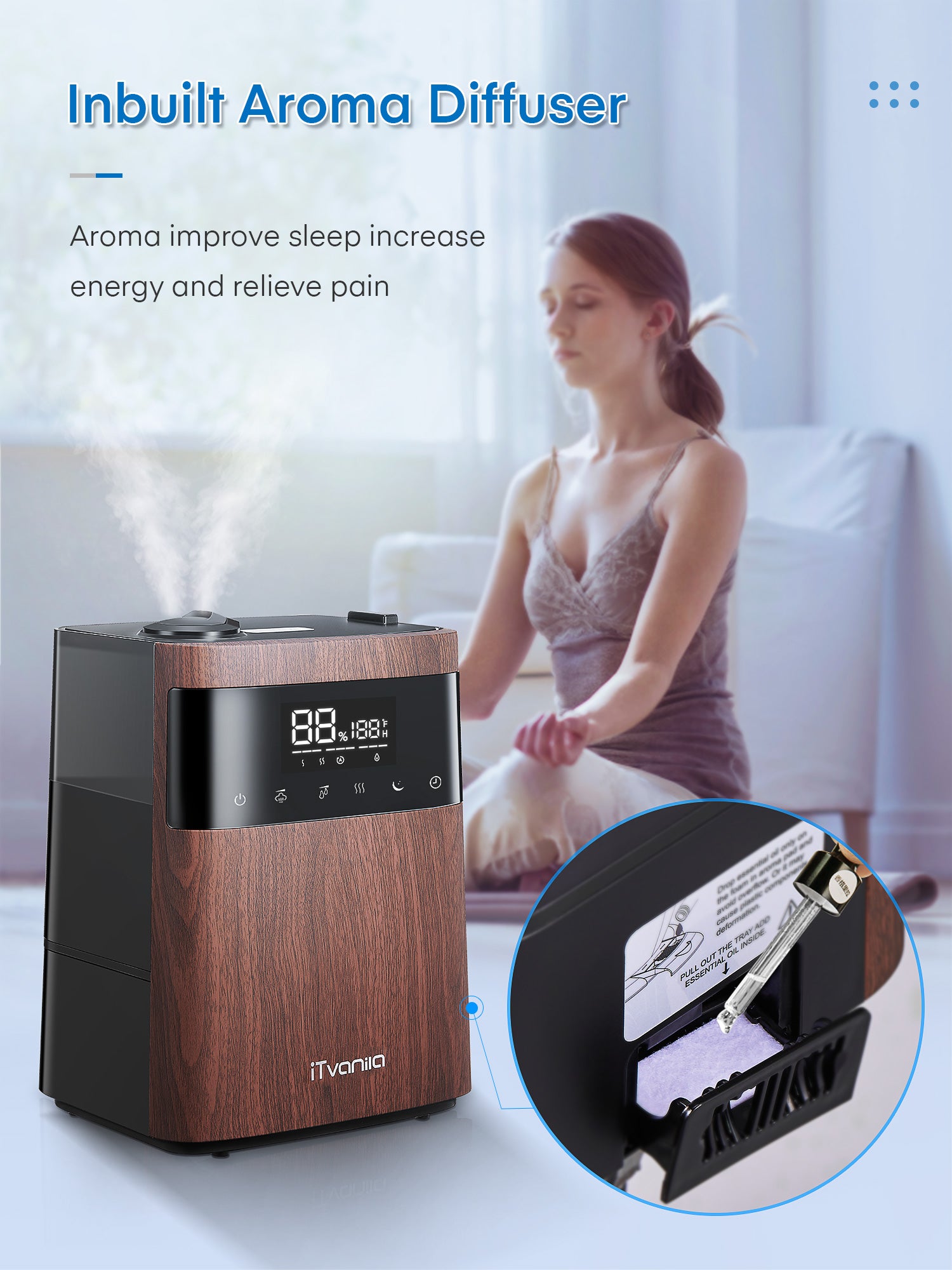 iTvanila Humidifiers for Bedroom Large Room, 5.5L Top Fill Cool and Warm Mist Humidifier for Families Plants with Essential Oil Built-in Humidity Sensor, Humidifiers with Timer Setting Last up t