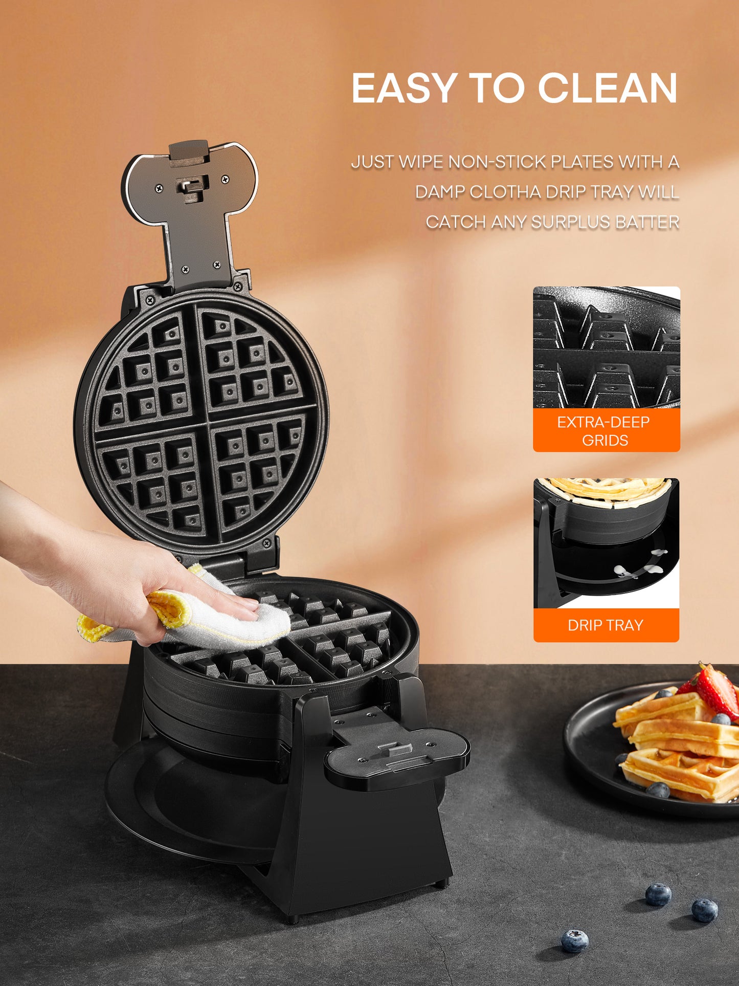 180° Flip Belgian Double Waffle Maker, Waffle Iron 8-Slice One Time, Nonstick Plates, Removable Drip Tray & Rotating, 1400W Adjustable Temperature Control & Cool Touch Handle, Black