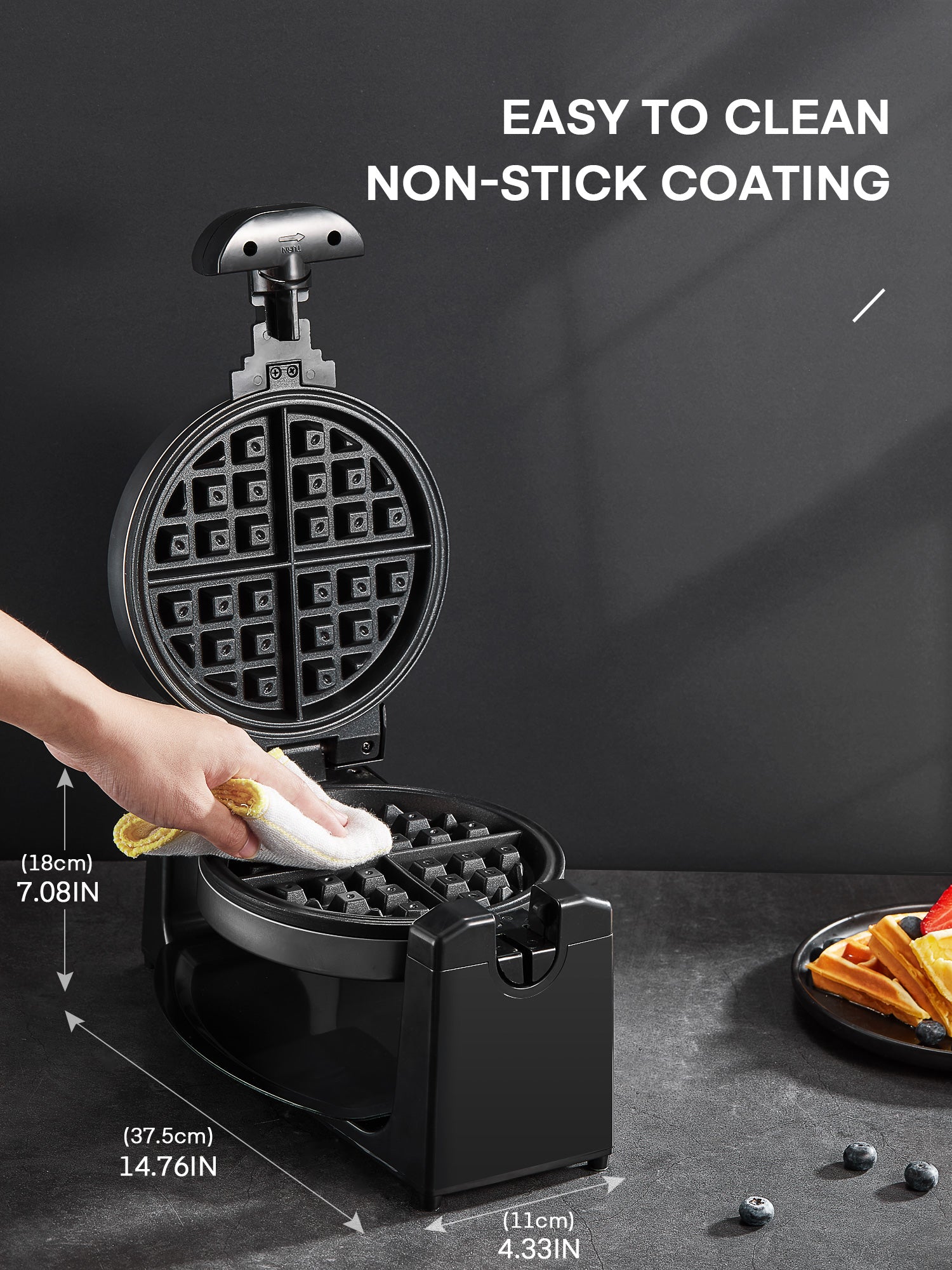 AICOOK 180° Flip Belgian Waffle Maker with Non Stick Grids, Adjustable Browning Temperature Control, Removable Drip Tray, 4-Slice Waffle Iron, Stainless Steel, Indicator Lights, Round Design, 1100W